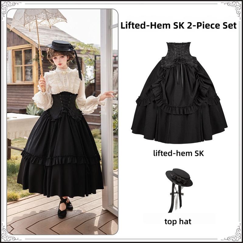 Blake - Boning Gothic Lolita Mermaid Skirt, Lifted-hem SK Lifted-hem SK 2-Piece Set (lifted-hem SK + black top hat) S