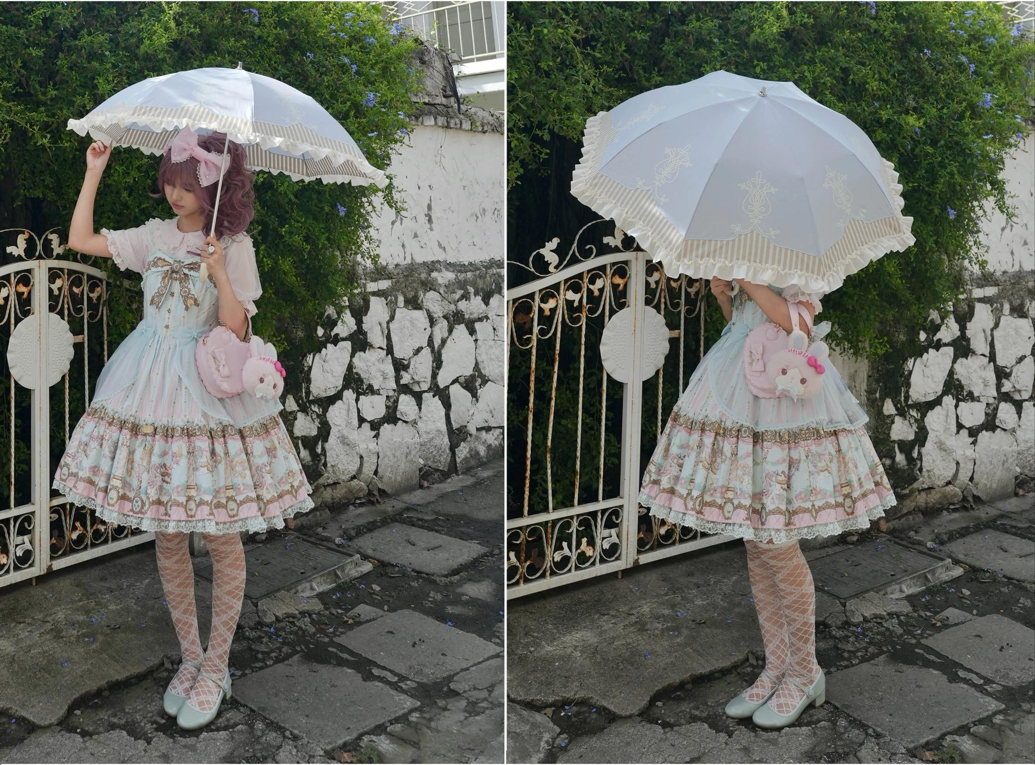 Lyre Academy - Classic Lolita 2-Fold Parasol, Lyre Print & Embroidered Trim 45679:858501