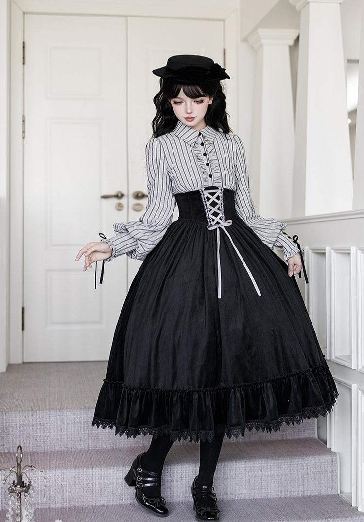 Dusk Moment - Classic Lolita Striped OP & Mermaid Dress Set, Fishbone Waist 44498:810731