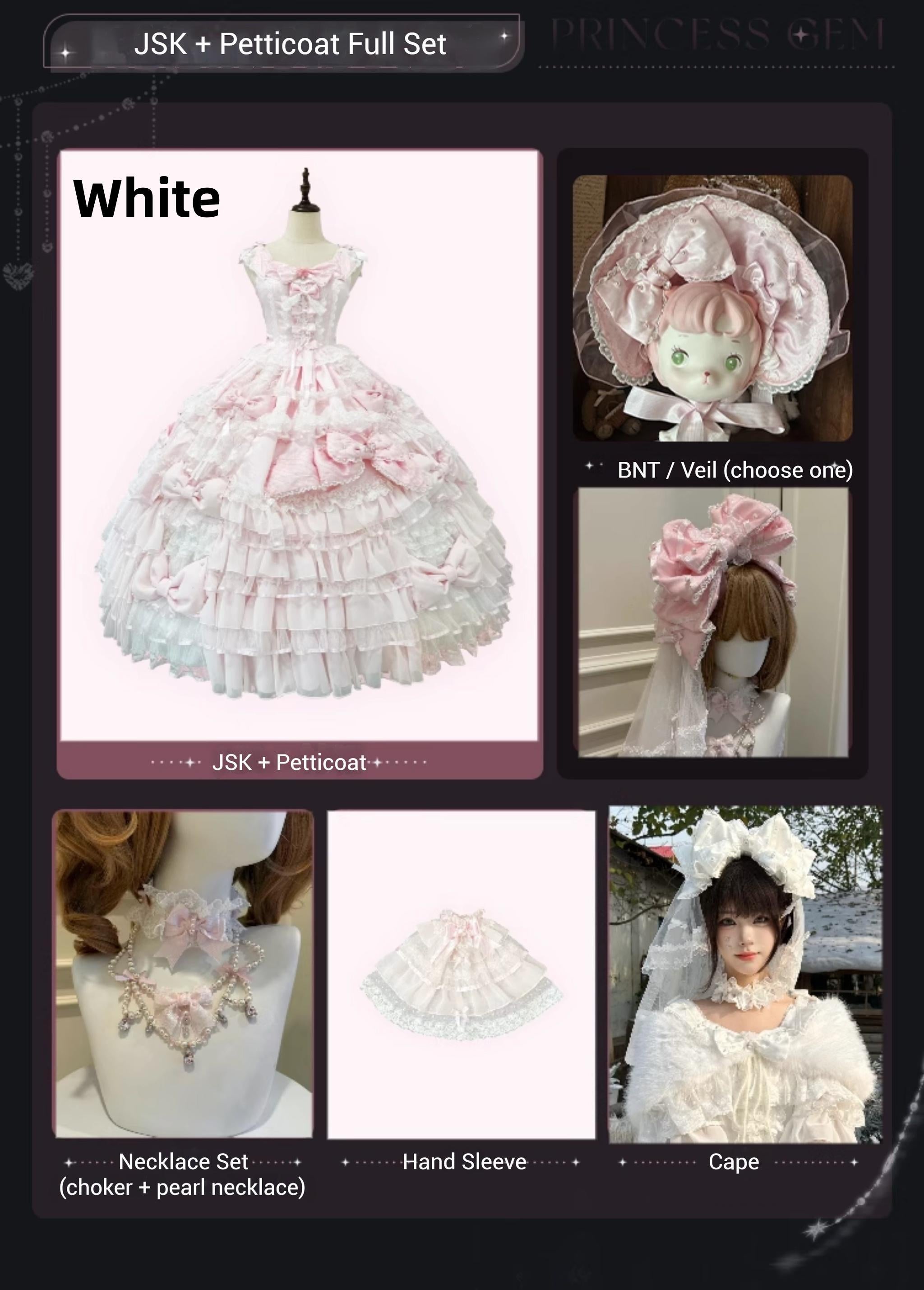 Mengfuzi - Gem Princess - Wedding Sweet Lolita JSK Dress Suit, Side Zipper (White / 2XL L M S XL) 44018:792909