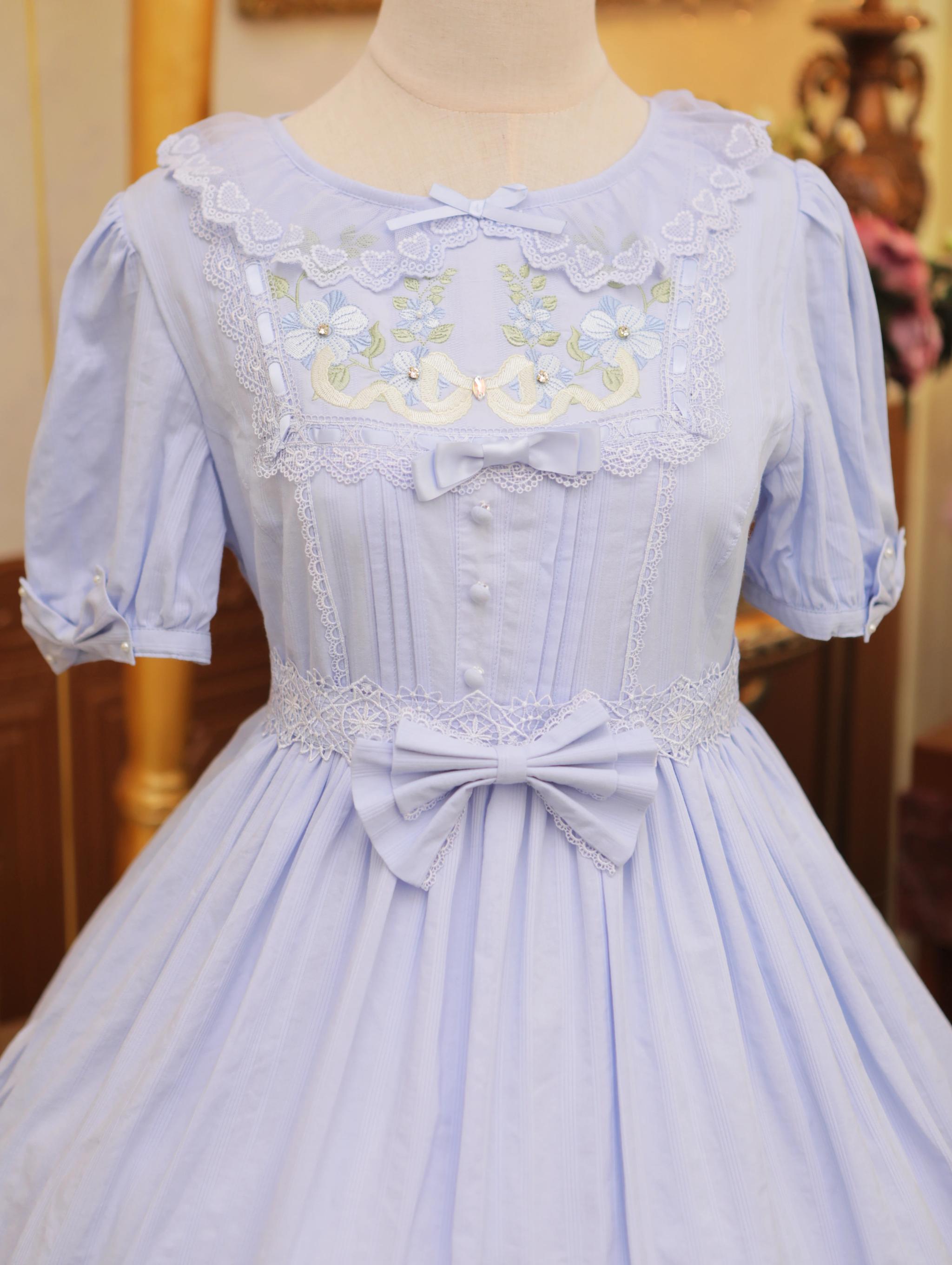 Maiden Nelly - Classic Lolita OP Dress, Embroidered Flowers Blue - Short Sleeve OP Dress + Bow S