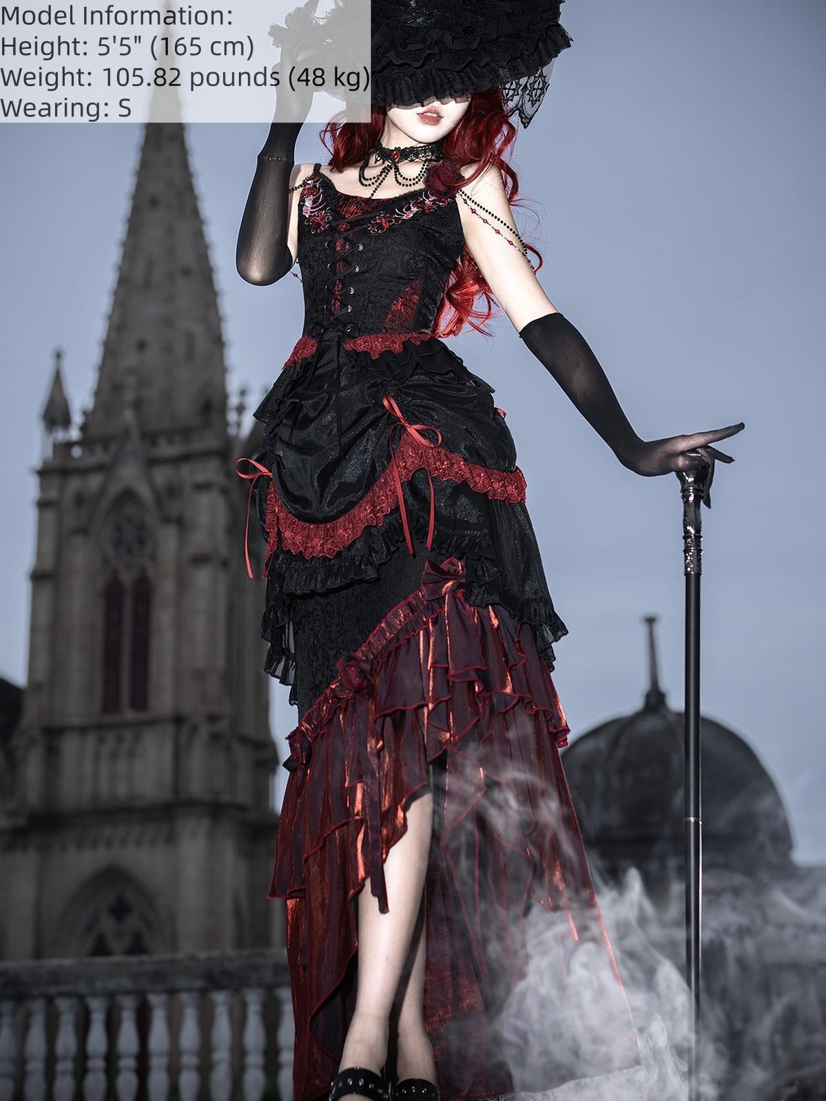 Bone Rot Bloom - Gothic Lolita Embroidered Camisole & Drawstring Lift-up Hem Skirt 45593:854861