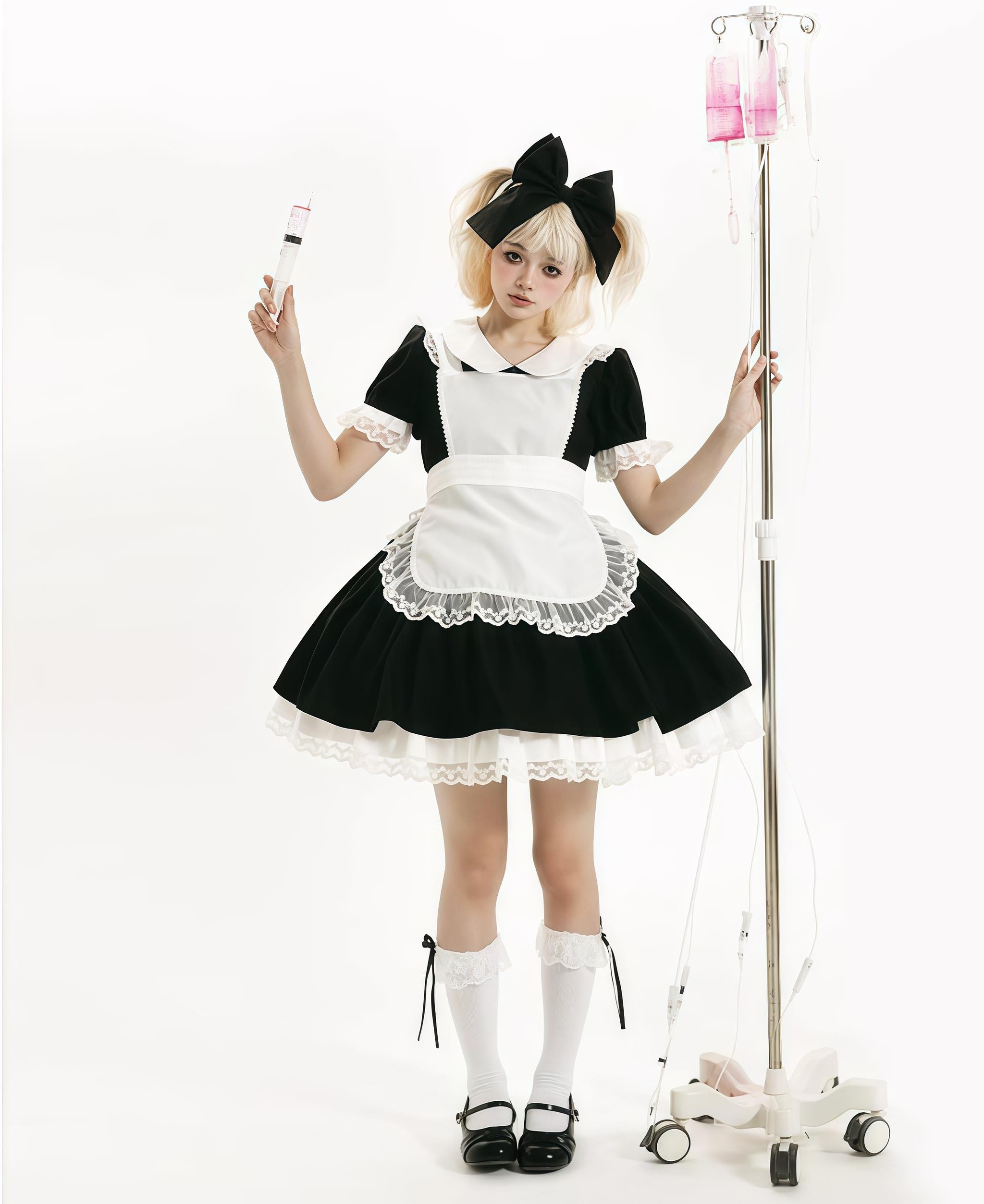 Daydream Whisper - Dream Doll - Plus Size Maid Lolita OP Suit Black and Blue Dress Black Short OP + Apron S