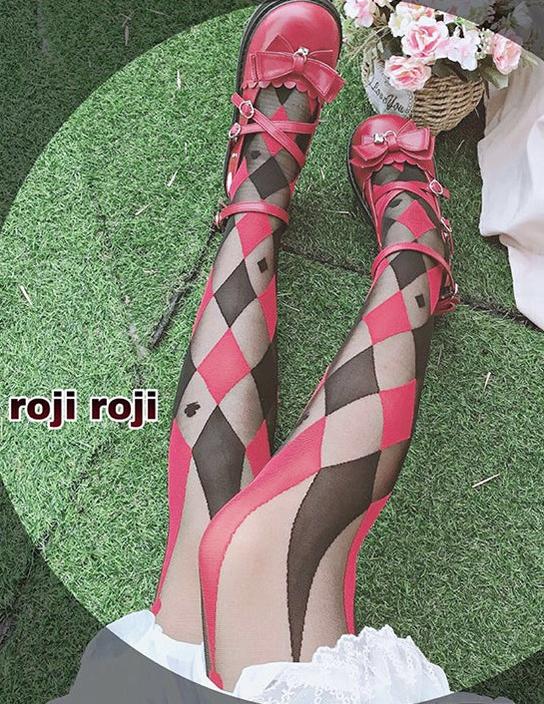 Roji roji - diamond Argyle Lolita Tights One Size Black and Wine Red