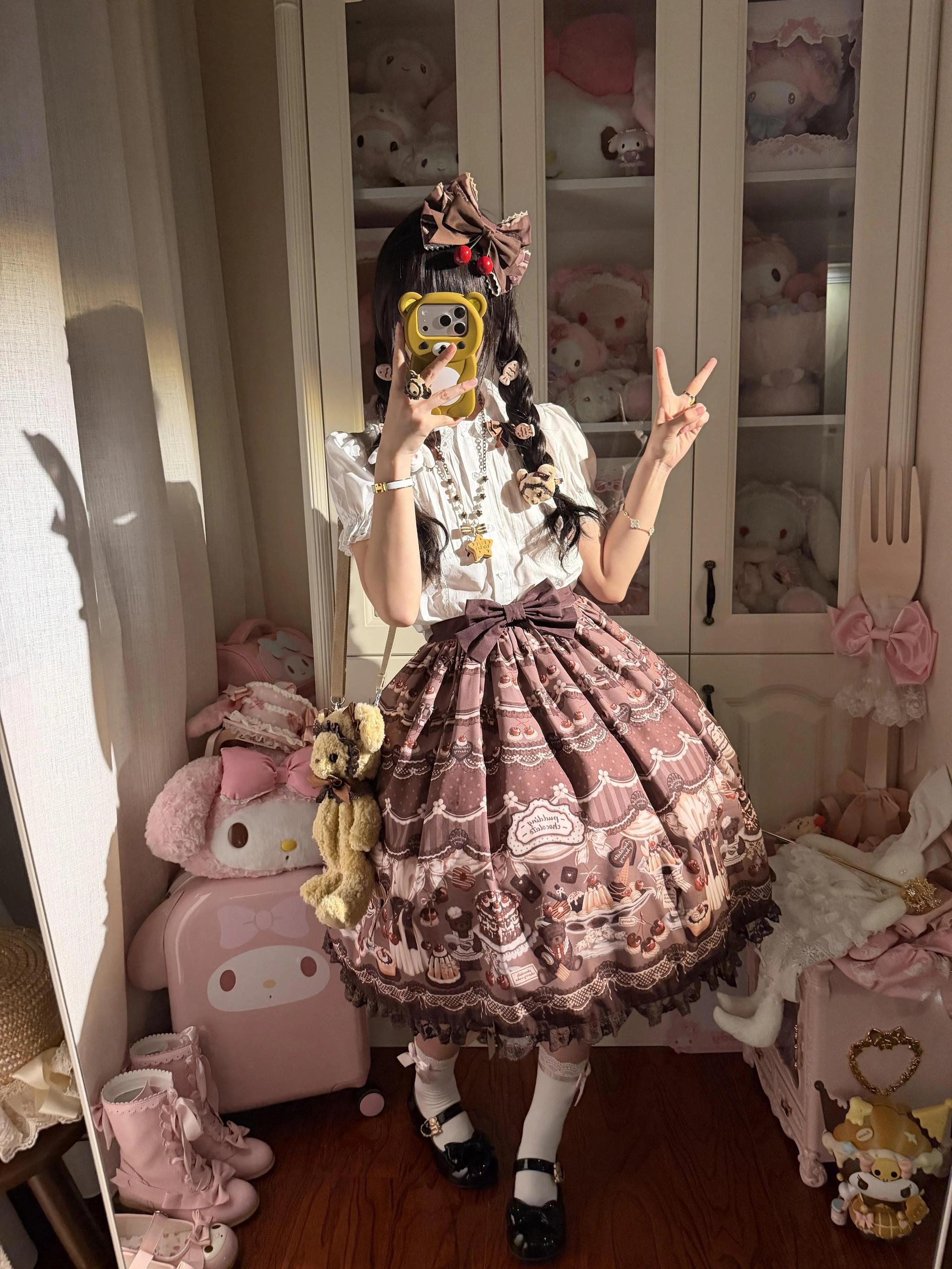 Cherry Choco Bear - Kawaii Lolita Elastic Skirt, Dessert and Cherry Print