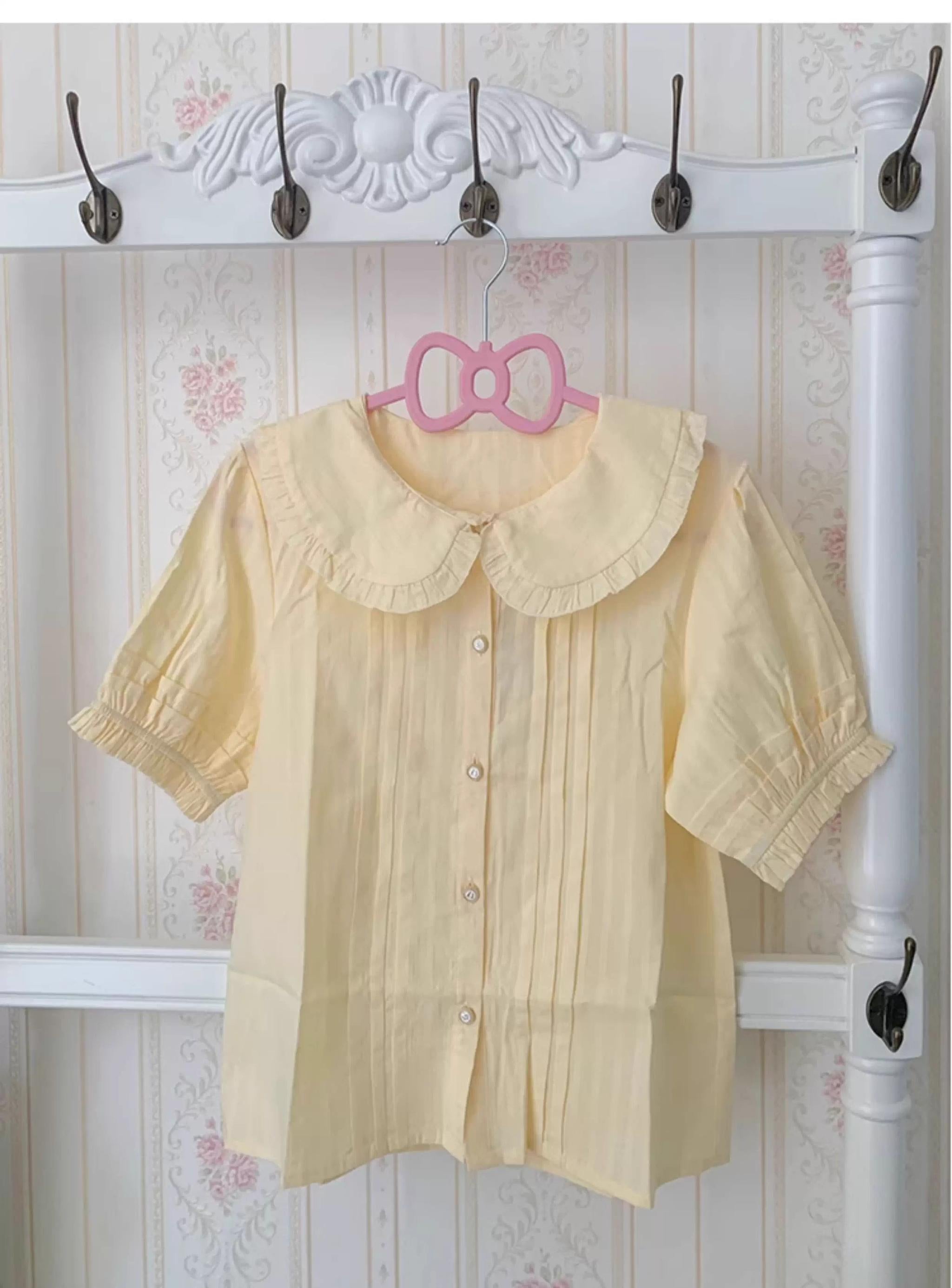 Chubby Cat Diary - Plus Size Cotton Lolita White Blouse, Short Sleeve Yellow blouse only S