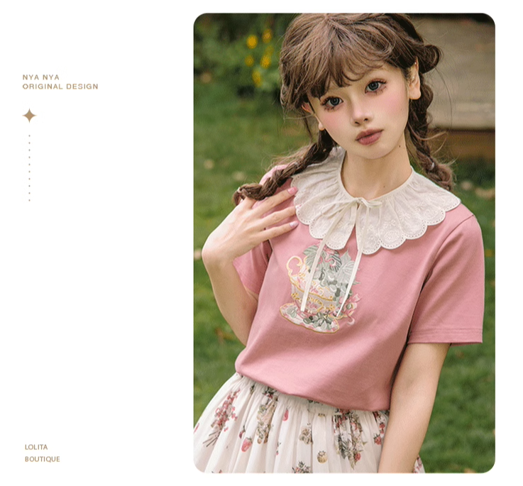 NyaNya - Four Seasons Collection - Sweet Lolita T-shirt Summer Loose Fit Embroidered T-shirt