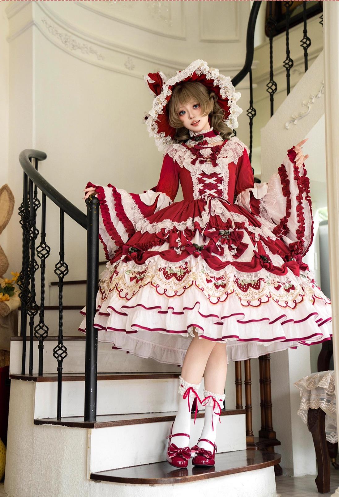 Bramble Rose - Starryberry Eden - Hime-sleeved Sweet Lolita Dress, Strawberry Embroidery 44262:801232