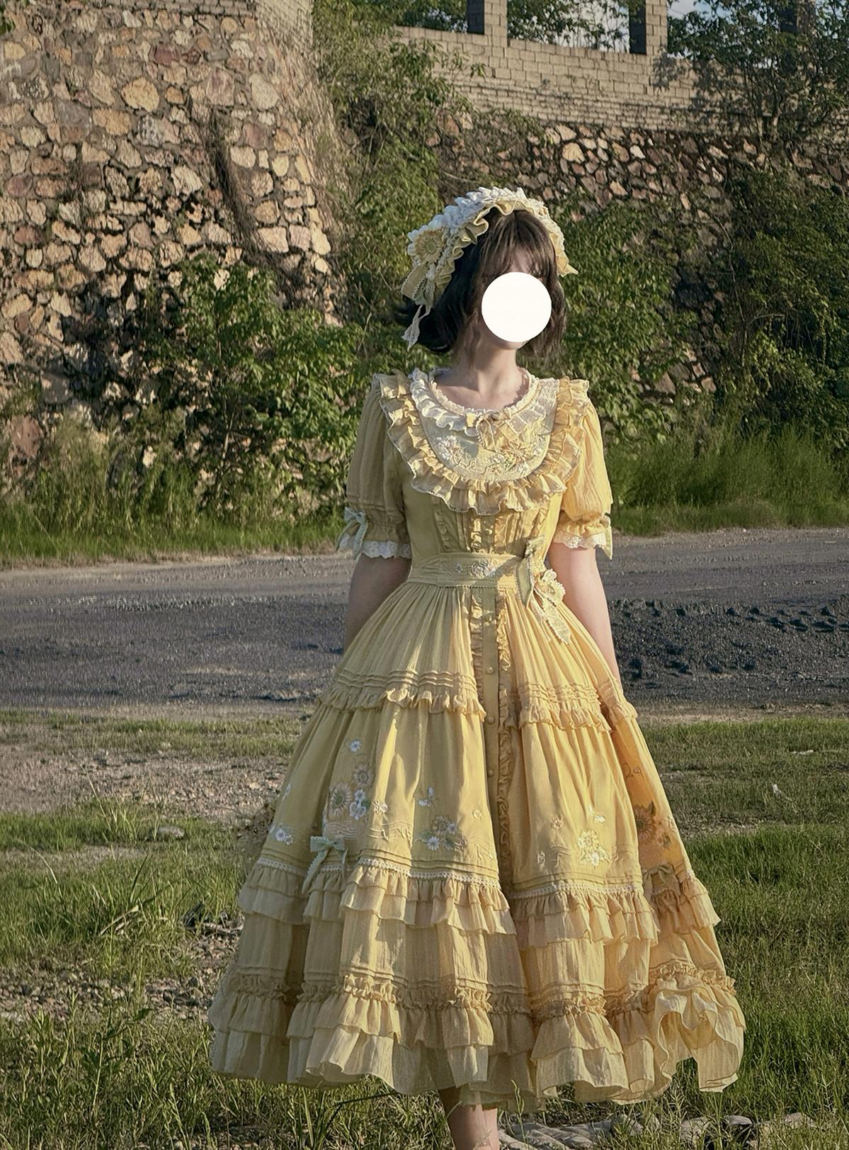 Moonlight Amber - Sunflower - Embroidered Country Lolita Dress, Tiered Skirt