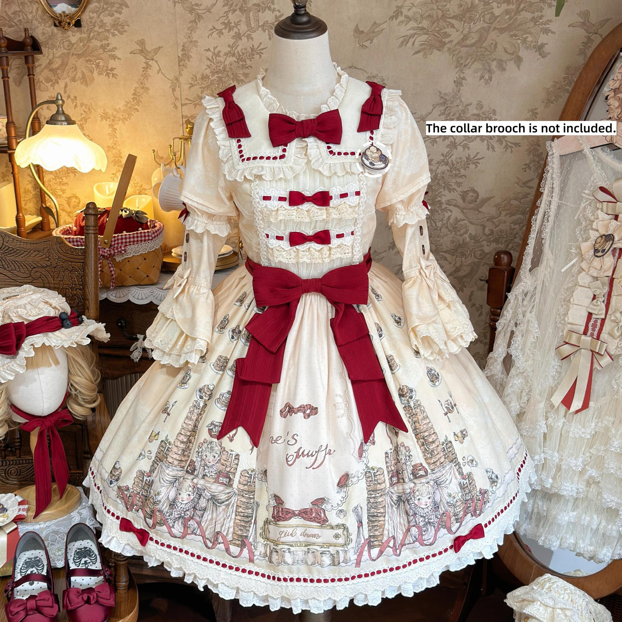 Pancake Postman - Kawaii Lolita Printed OP & Salopette Dress, Lace & Bows (L M S XL) 45174:838710
