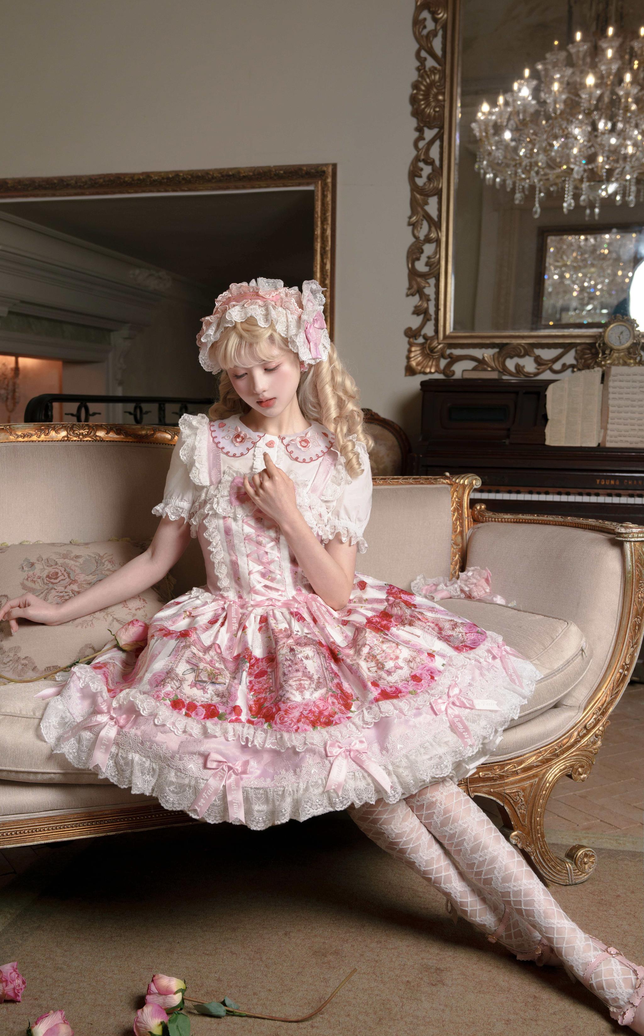 Rose Dream Isle - Sweet Lolita Rose Wall Print Dress, Embroidery & Bows