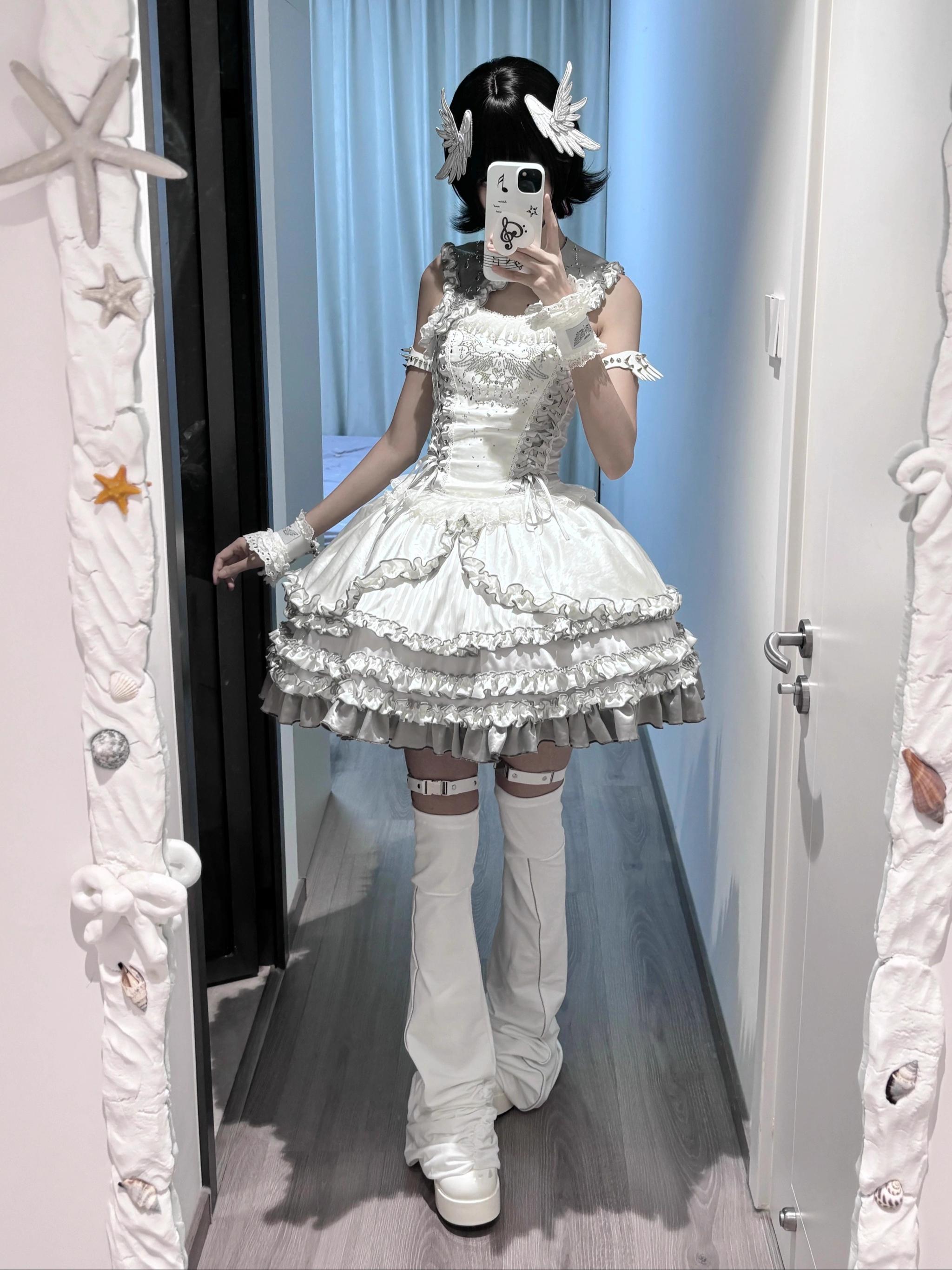 LustrE - Metallic Angel - Silver-white Punk Lolita JSK, Wing and Rhinestone Details 44276:801911