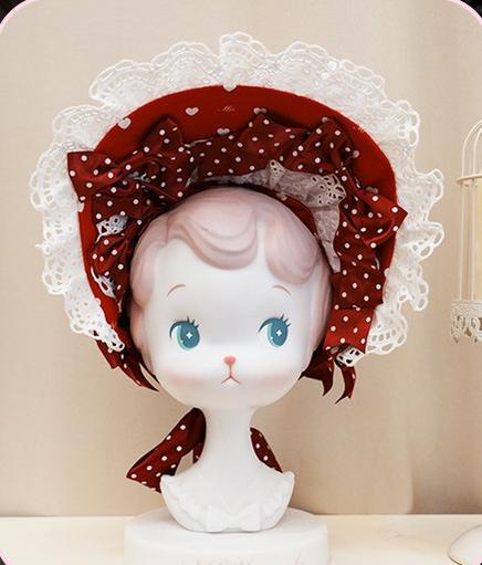 Maiden's Heart Knot - Old School Lolita Polka Dot Bow Accessories with Ruffles Red BNT