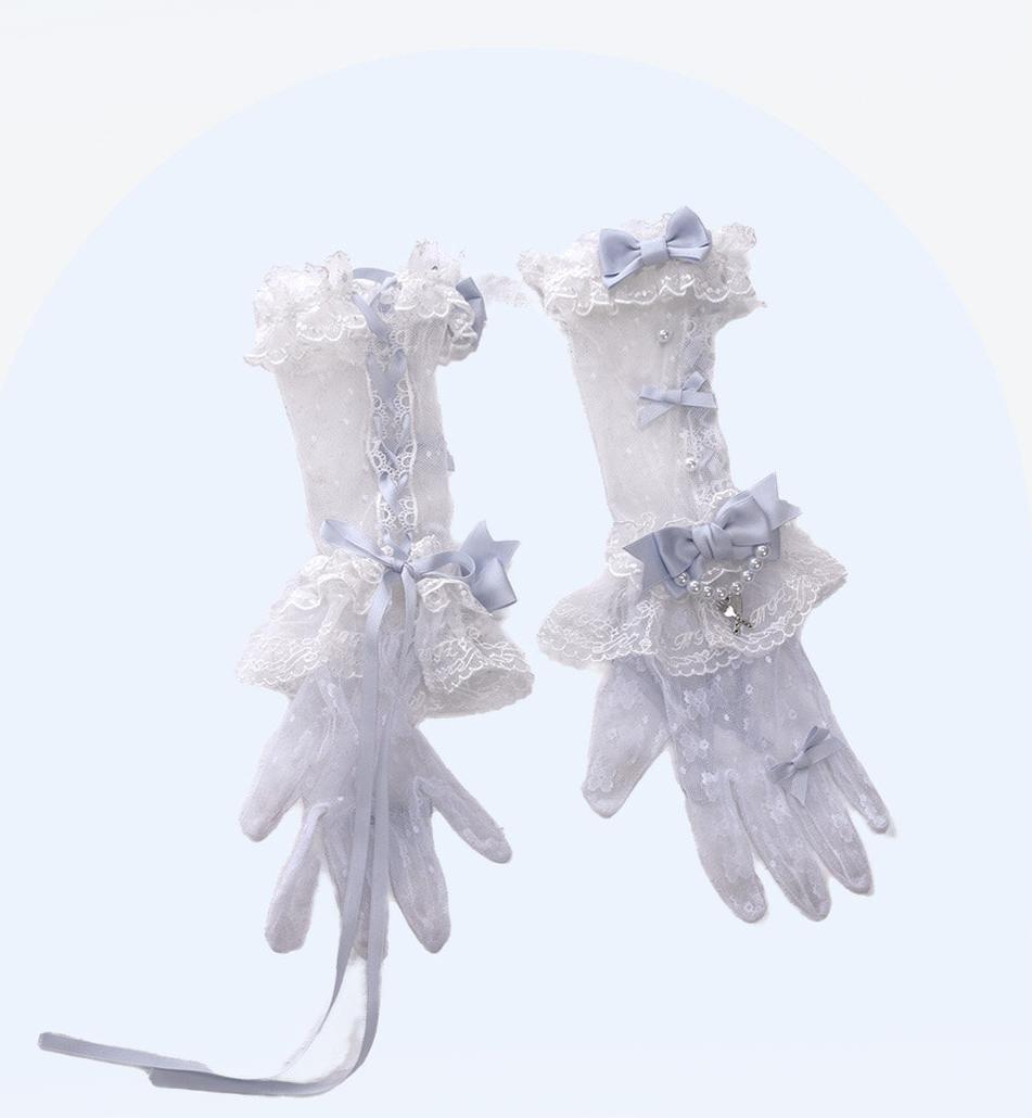 Finnish Antique Cabinet - Sweet Lolita Headdress with Bow Decor White and Blue One Size A Pair of Gloves Only