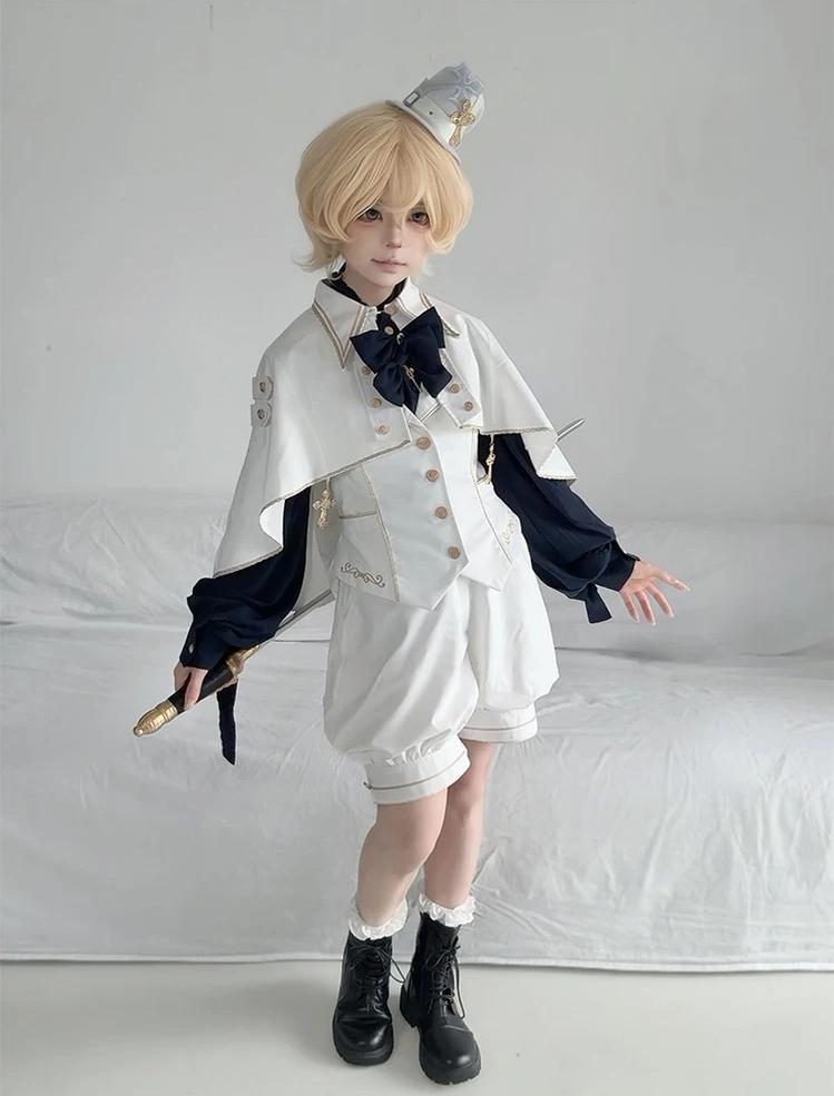 Fallen Holy Star - Ouji Lolita Ruffled Chiffon Blouse & Cape Set, Elastic Shorts 45816:863712