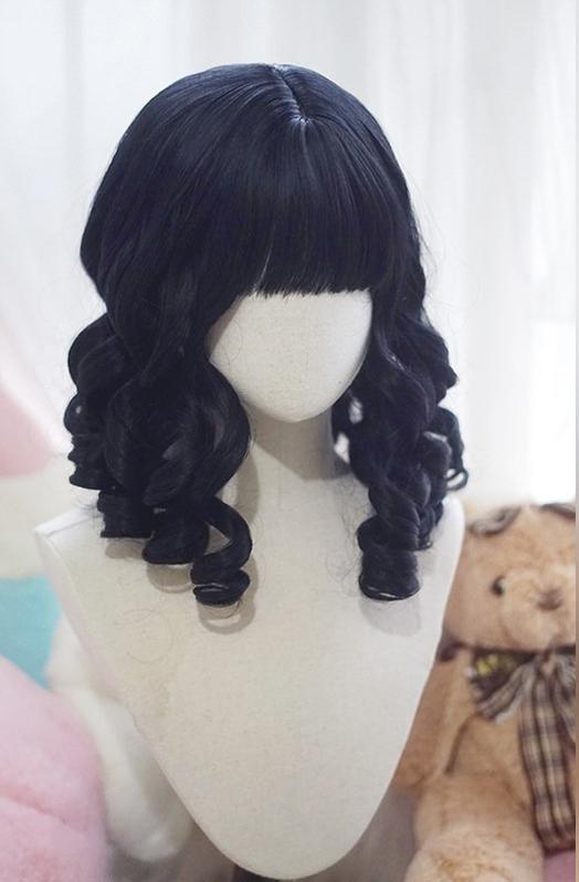 Doll-like Elegant Lolita Bangs Wig, Roman Curl Black