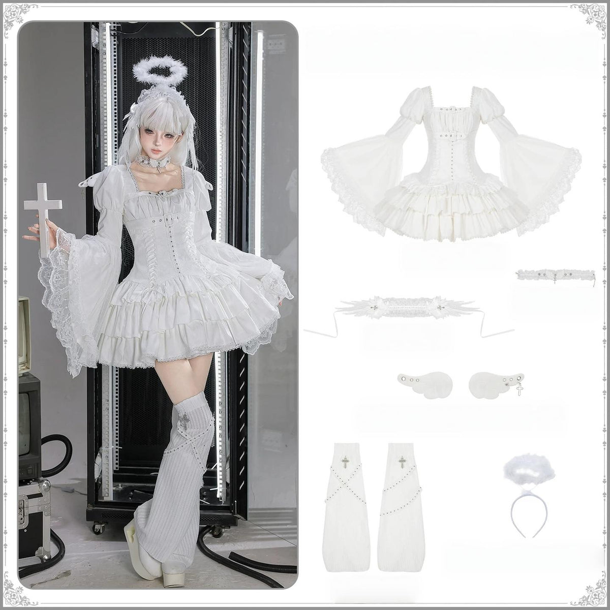 White Night Feather - Gothic Lolita OP Dress & Leg Warmers Set, Angel Cross Theme (L M S) 46055:874035
