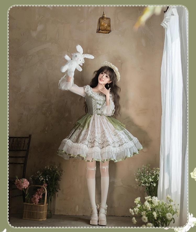 YingLuoFu - Teacup Bunny - Classic Lolita OP Dress, Fresh Green Floral Print 43263:783867