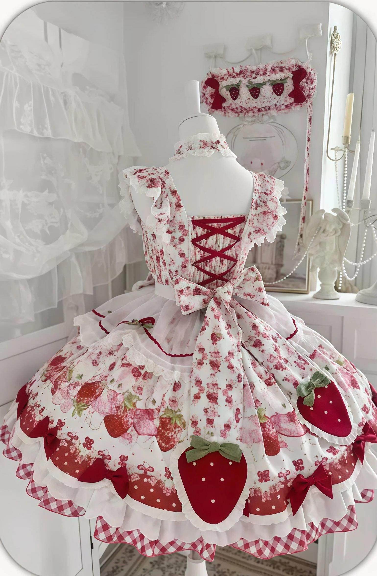 Berry Bear Whisper - Sweet Lolita JSK Set, Strawberry Bear Themed Print 45904:867677