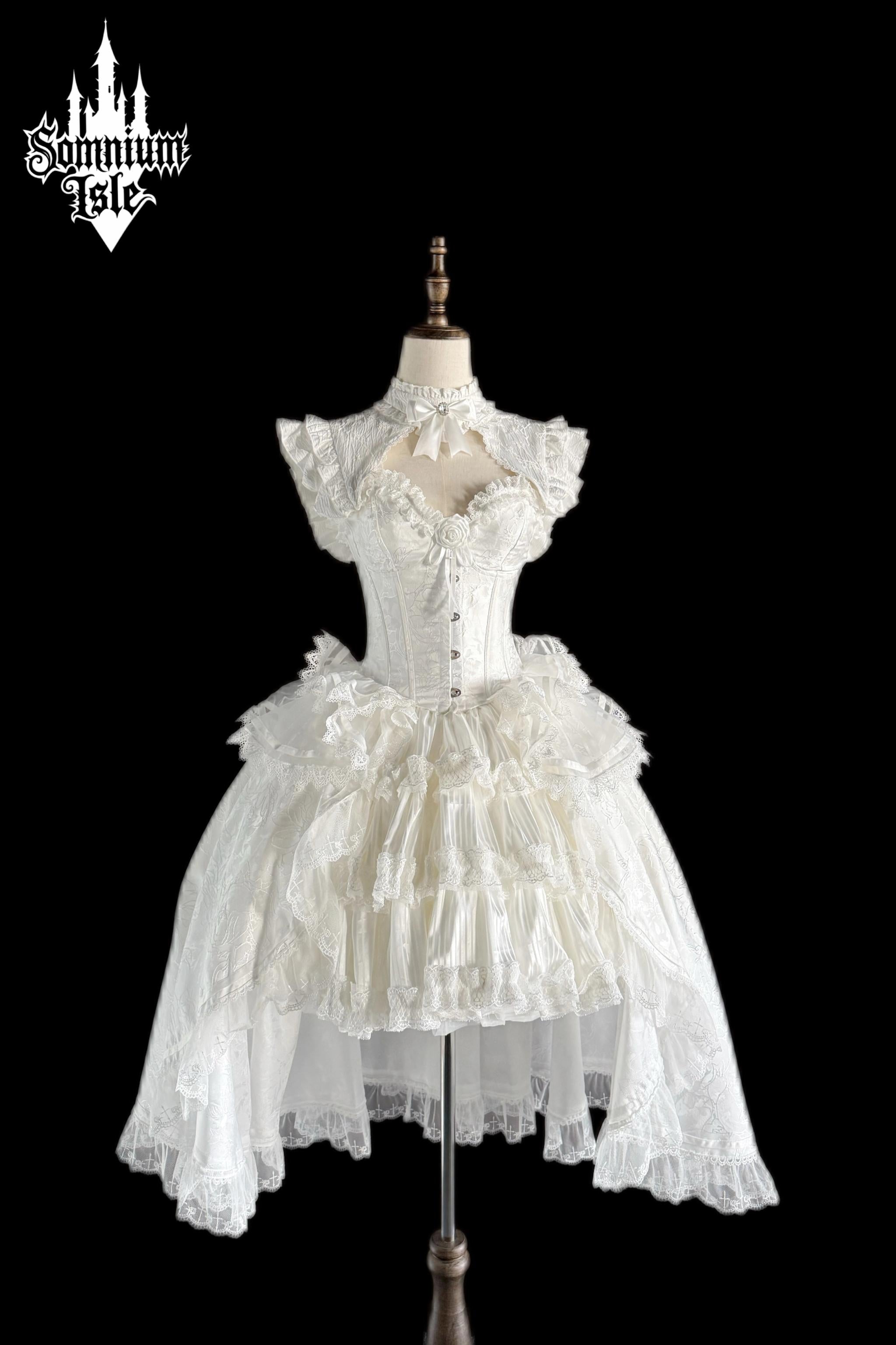 Dawn Sacrament - Striped Jacquard Gothic Lolita SK Dress, Boning Bodice White 3-Piece Set - Long XS