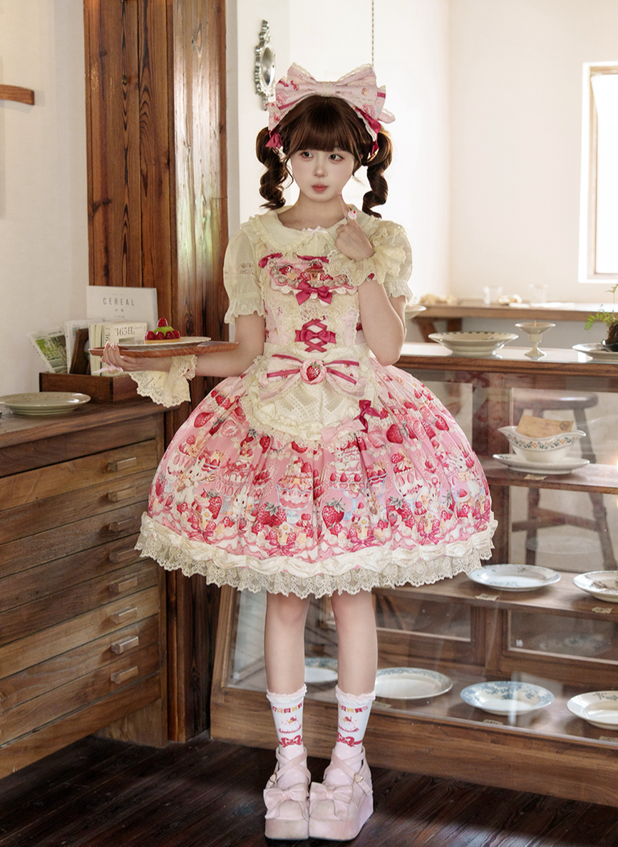 Bavarois Dessert Bunny - Sweet Lolita Strawberry Print JSK Dress 45546:855051