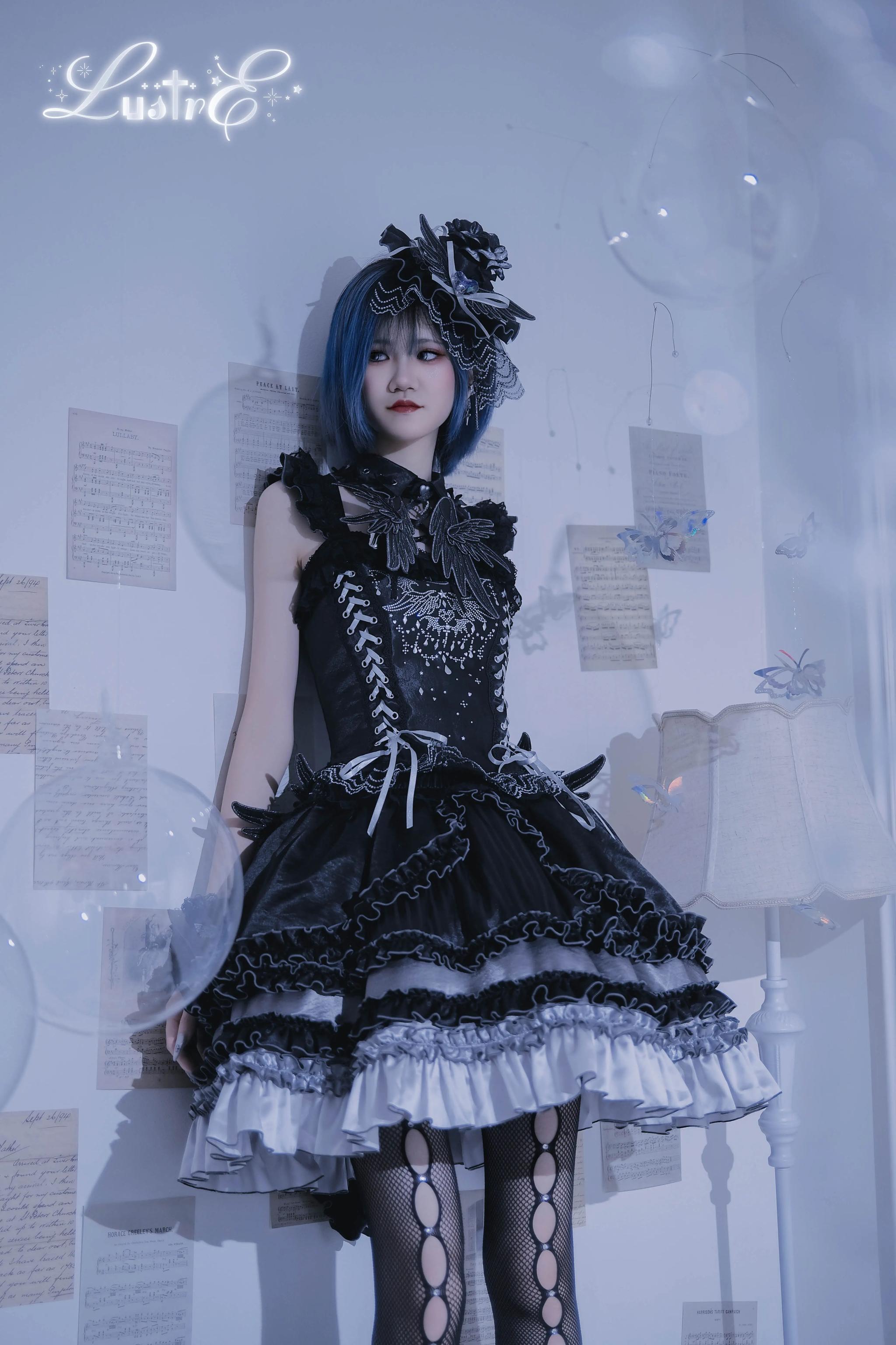 LustrE - Metallic Angel Black - Gothic Lolita Rhinestone Top & Ruffled Skirt Set 43991:791122