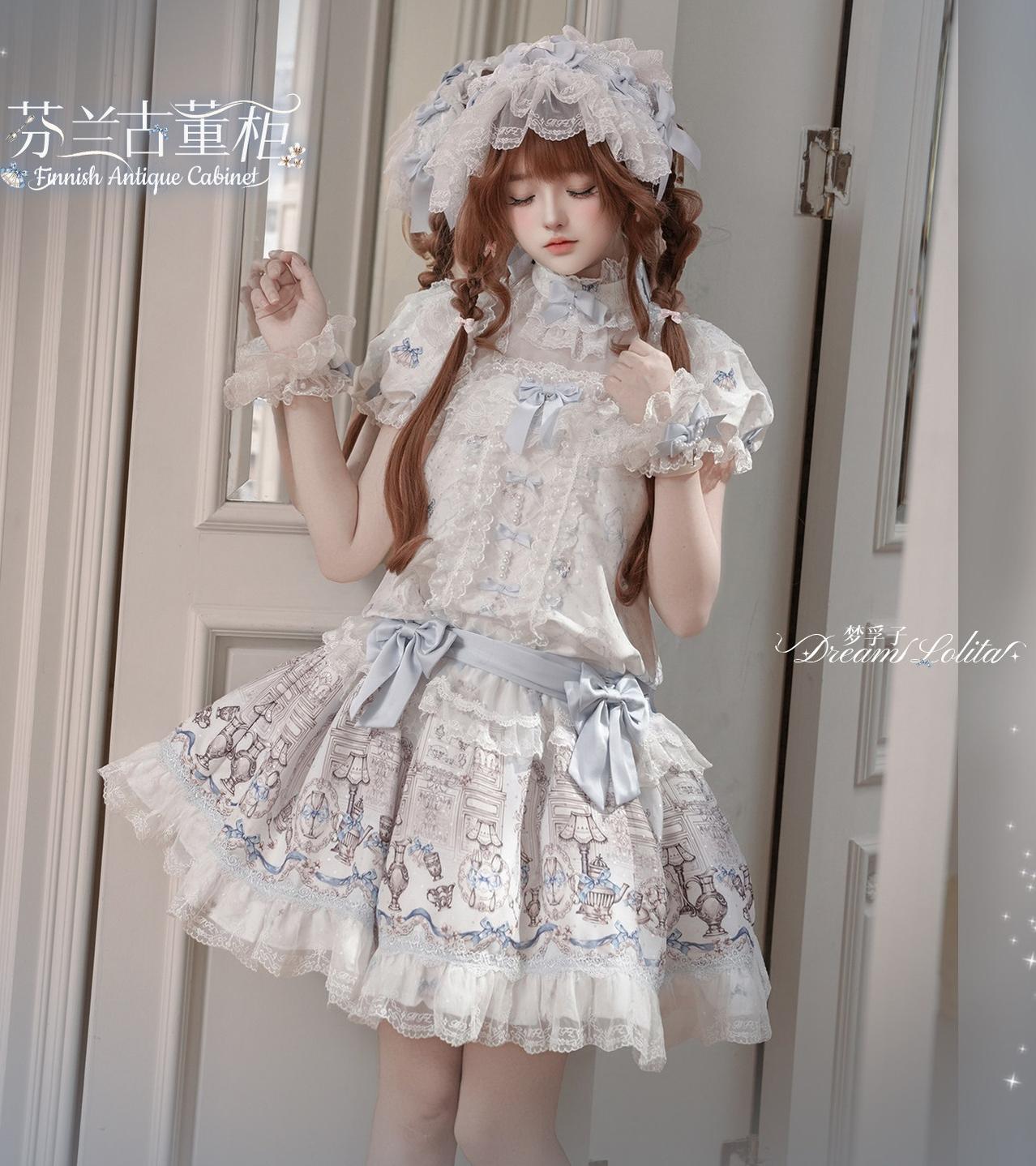 Finnish Antique Cabinet - Sweet Lolita Antique Cabinet Printed OP & JSK Dress with Bows White & Blue S Low Waist OP