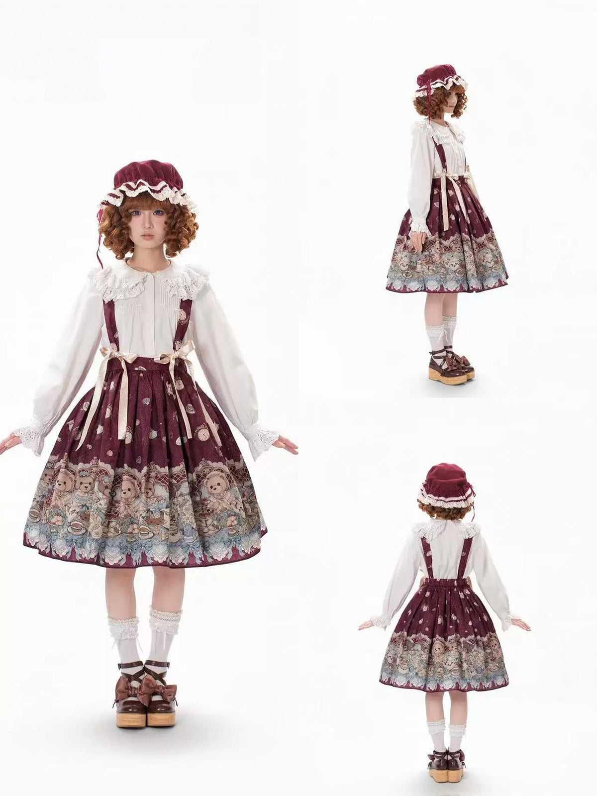 Bear's Tea Party - Kawaii Vintage Lolita Suspender Skirt, Bear Print 46007:871908