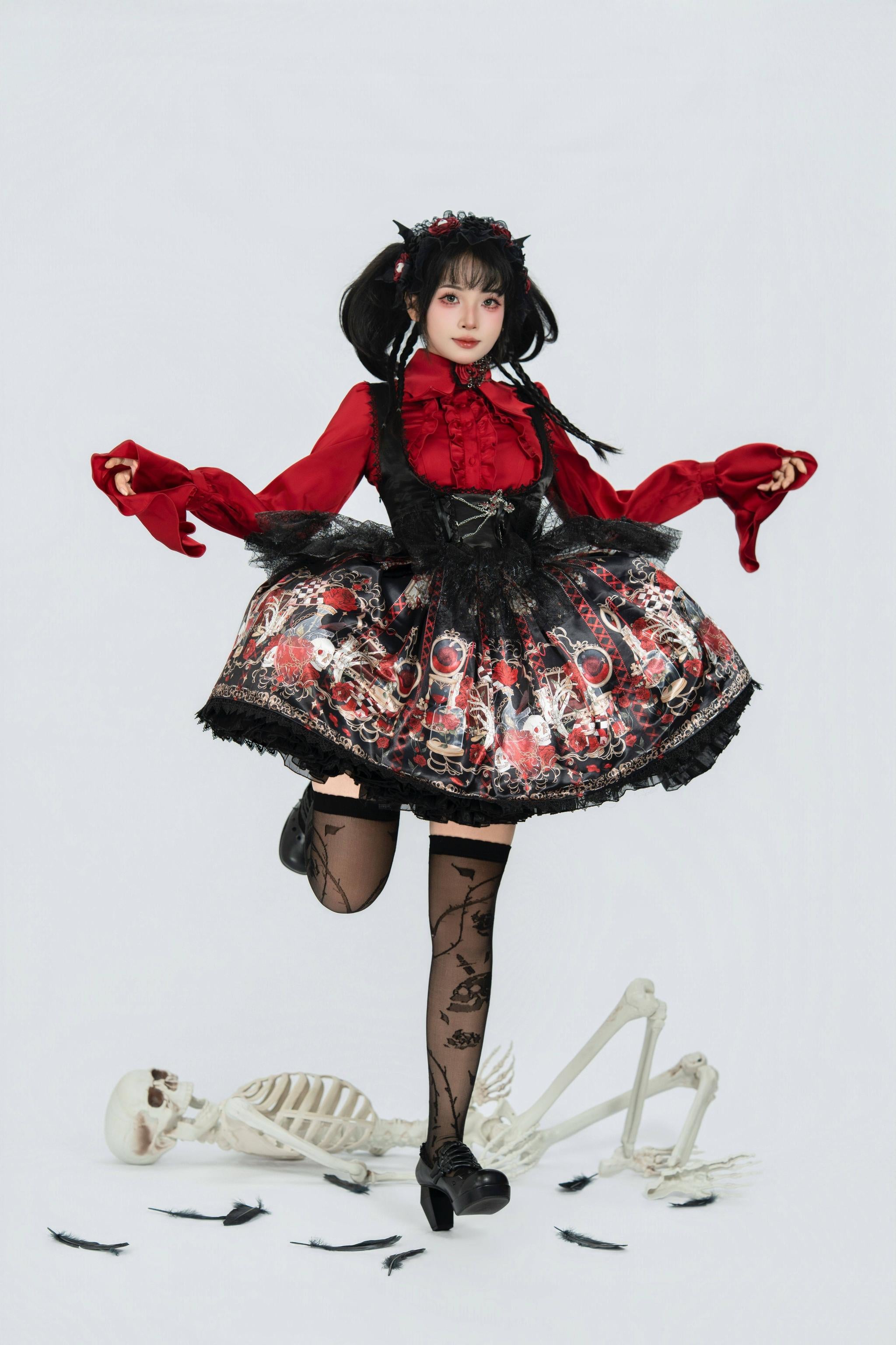 Blood Research Lab - Gothic Lolita JSK Dress, Rose & Skull Print 44449:809023