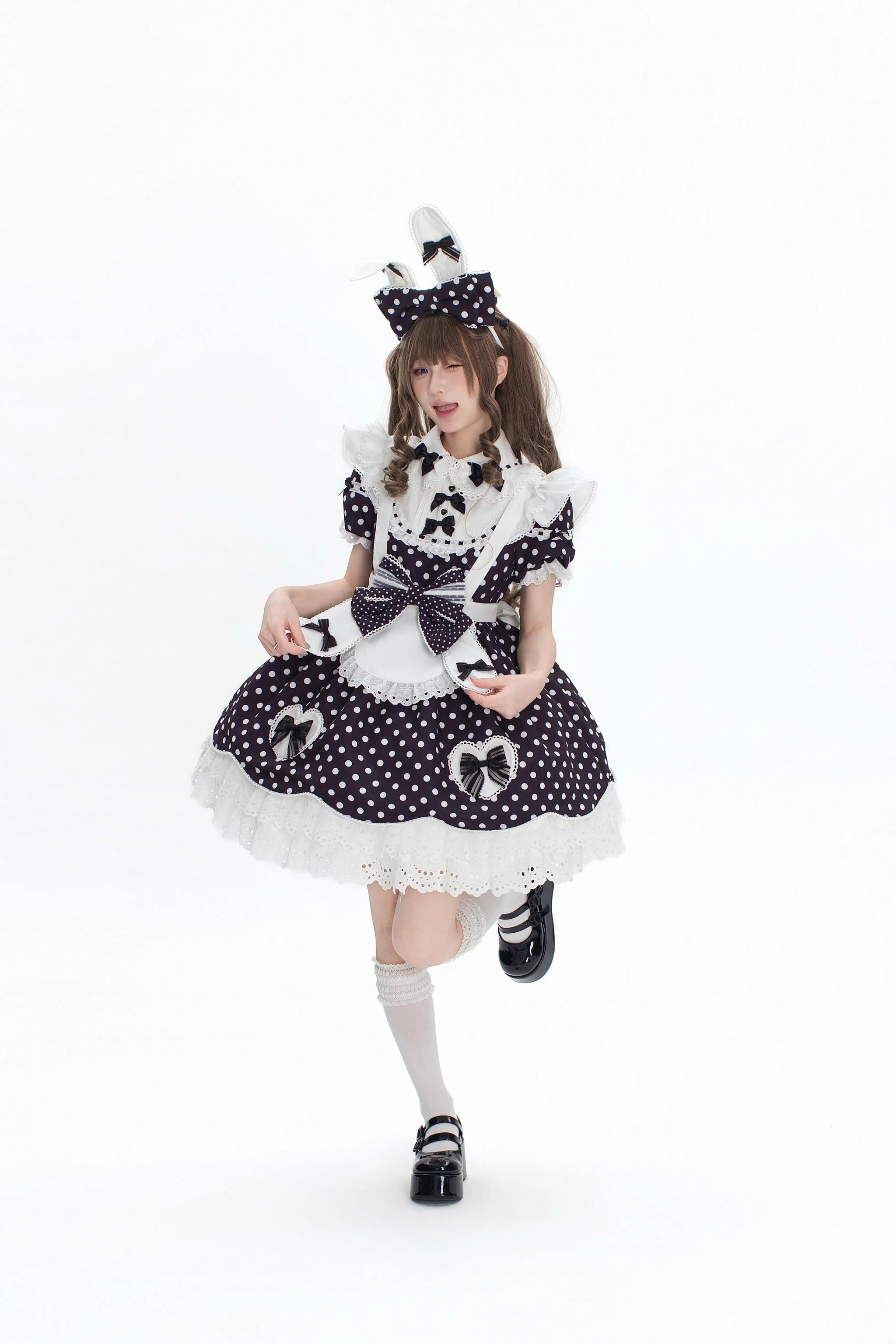 Bunny Kissaten - Four Colors Old School Lolita Polka Dot OP, Bunny Ear Apron 45824:864356