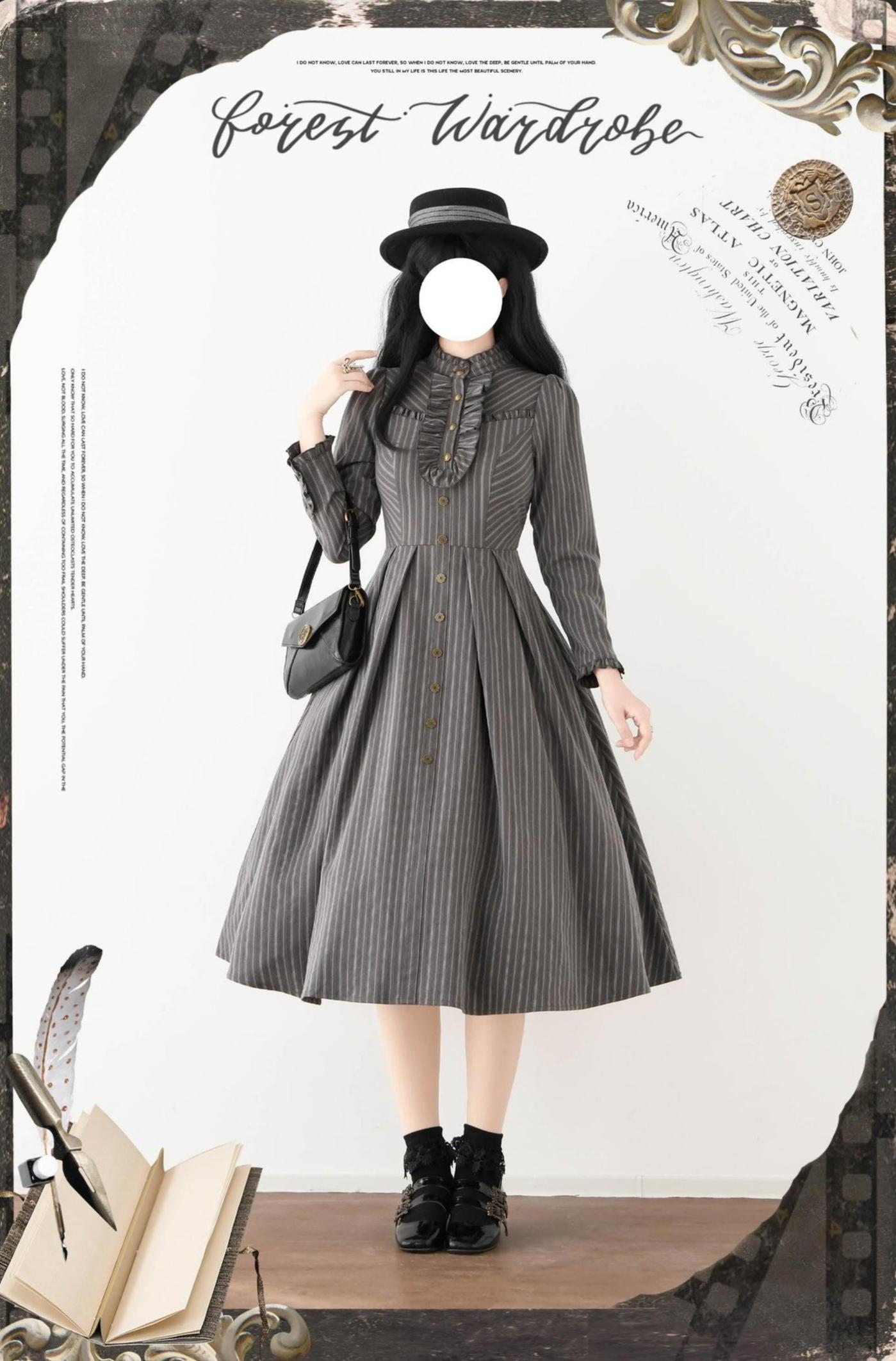 Forest Castle - Classic Lolita Long Striped Dress, Irregular Hem Vest 44441:809881