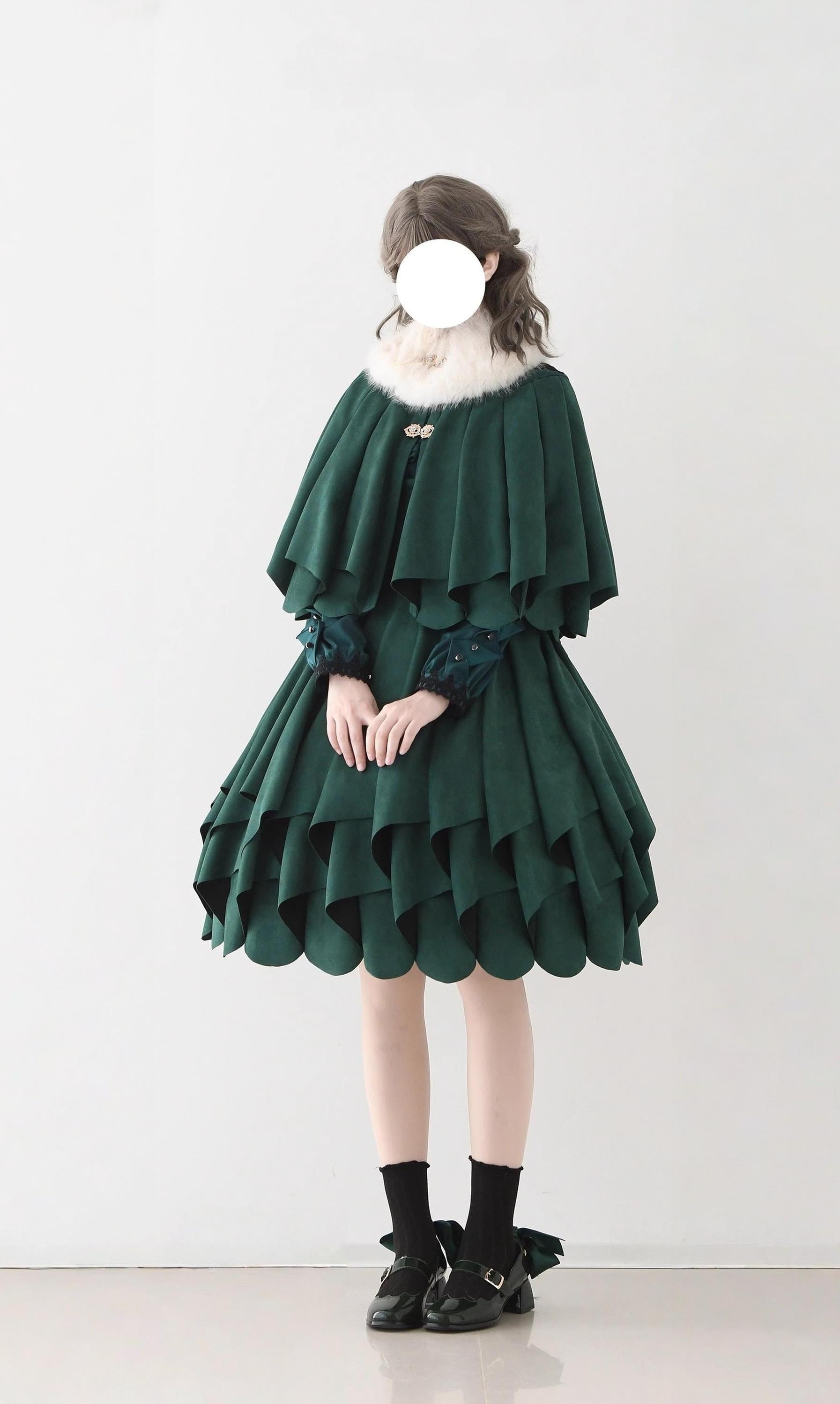 Molten Snowtop - Classic Lolita SK, Cape With Detachable Collar Deep Green S Cape + Faux Fox Collar