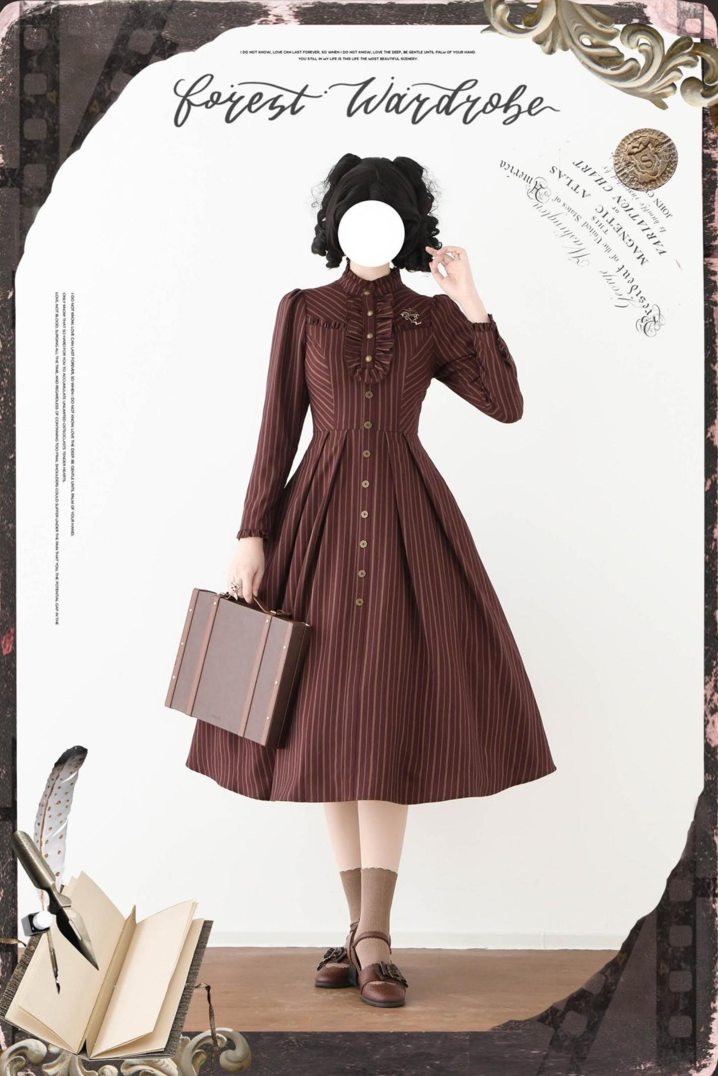 Forest Castle - Classic Lolita Long Striped Dress, Irregular Hem Vest 44441:809880