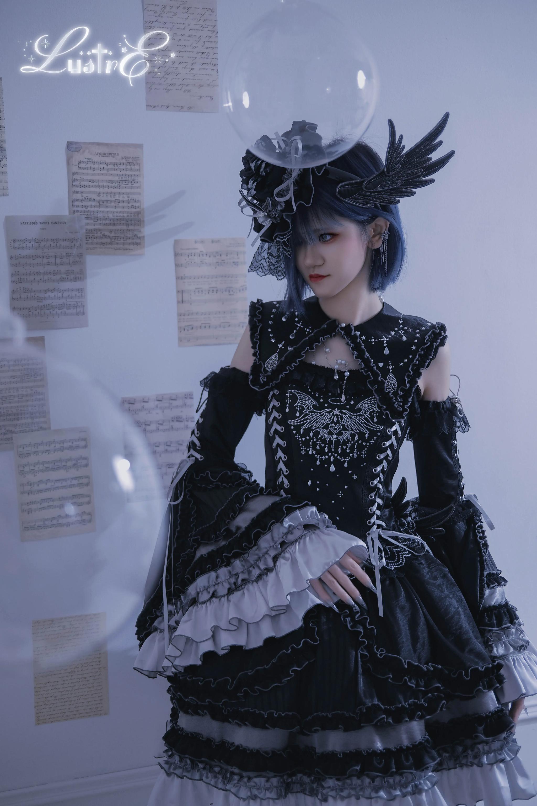 LustrE - Metallic Angel Black - Gothic Lolita Rhinestone Top & Ruffled Skirt Set 43991:791121