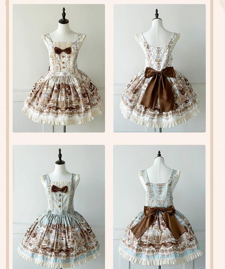Wendy's Wardrobe - Macaron Bear - Cotton Kawaii Lolita Dress Suit, Bear & Dessert Print (Salopette / Ivory) 43550:779070