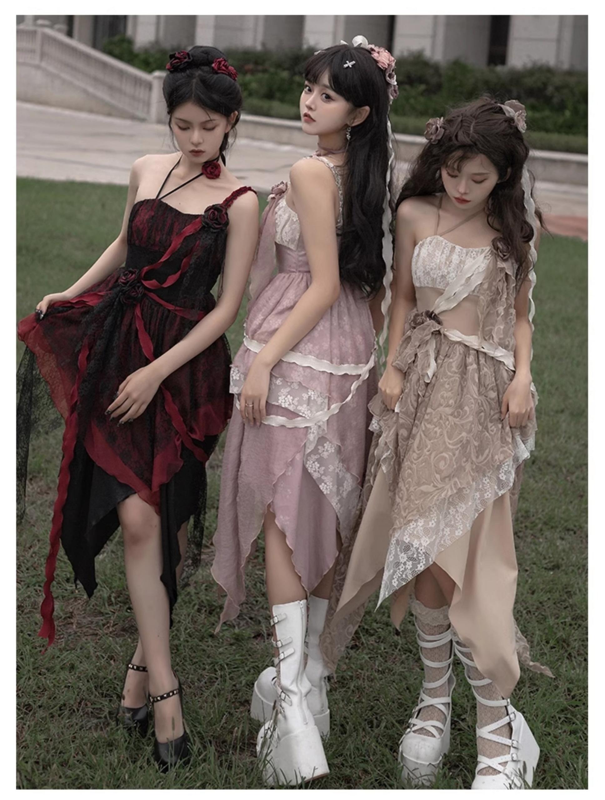 With PUJI - Rose Leaf - Irregular Daily Lolita JSK Dress in Wabi-Sabi Style