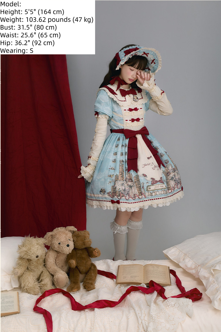 Pancake Postman - Kawaii Lolita Printed OP & Salopette Dress, Lace & Bows