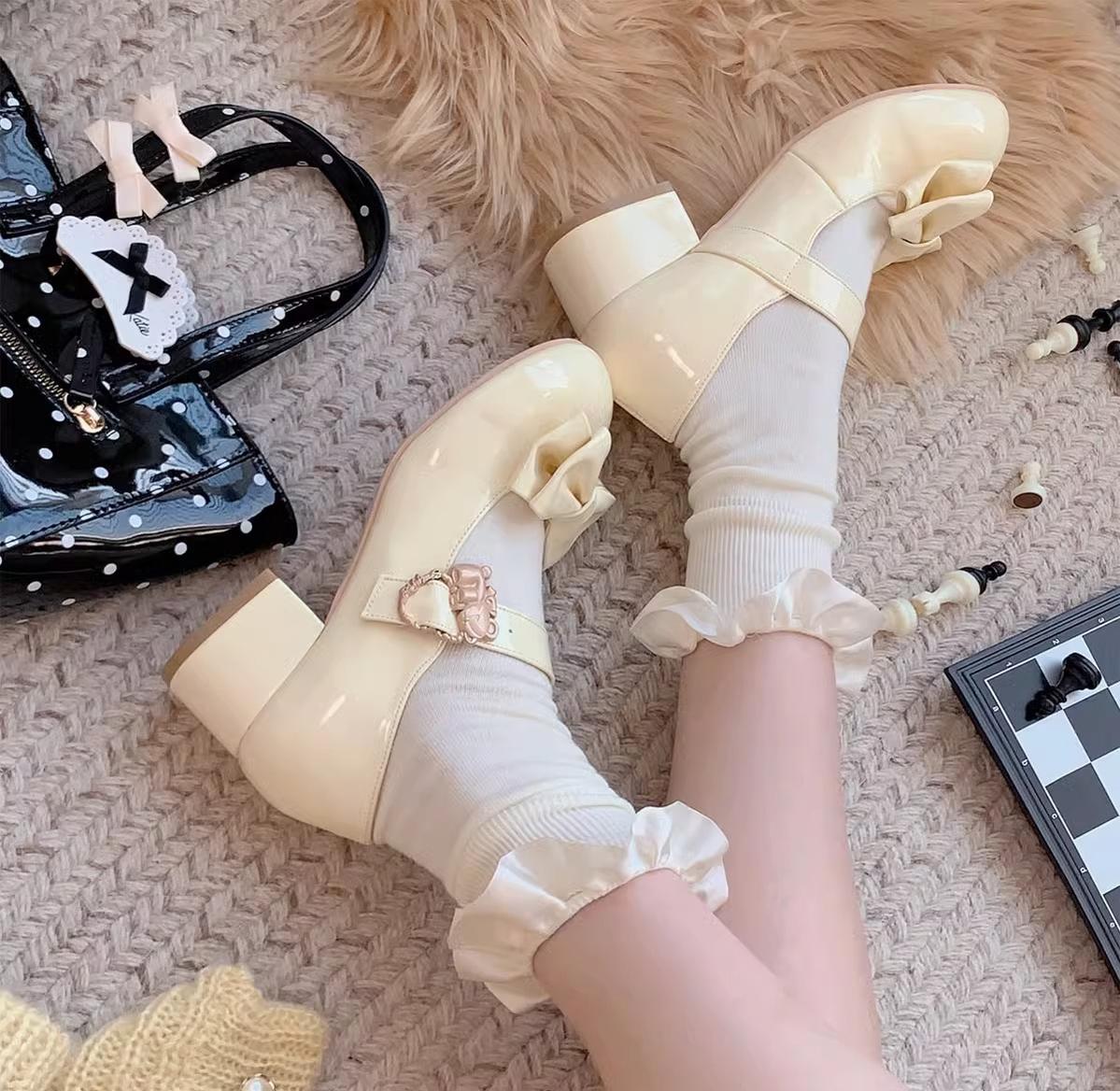Sheep Puff~Hug Bear~Sweet Lolita Heel Shoes Bear Metal Buckle Bow Shoes 38702:597584