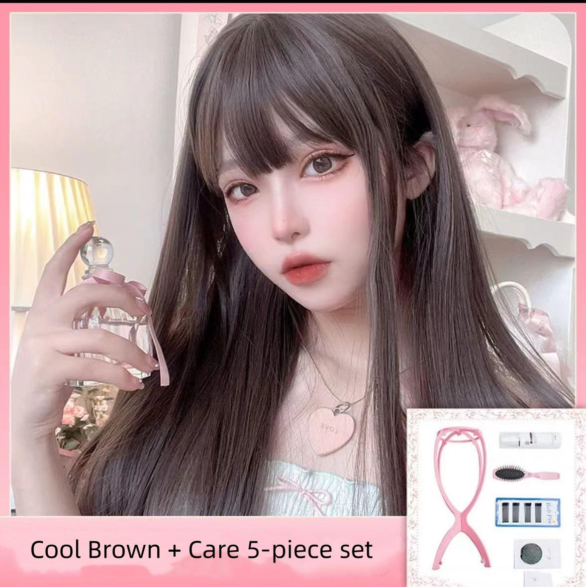 Alicegarden - Elegent Lolita Wig Long Straight Wigs Cool brown wig + pink steel comb + a hairnet + hair rack+ a sheet of straight-line clips
