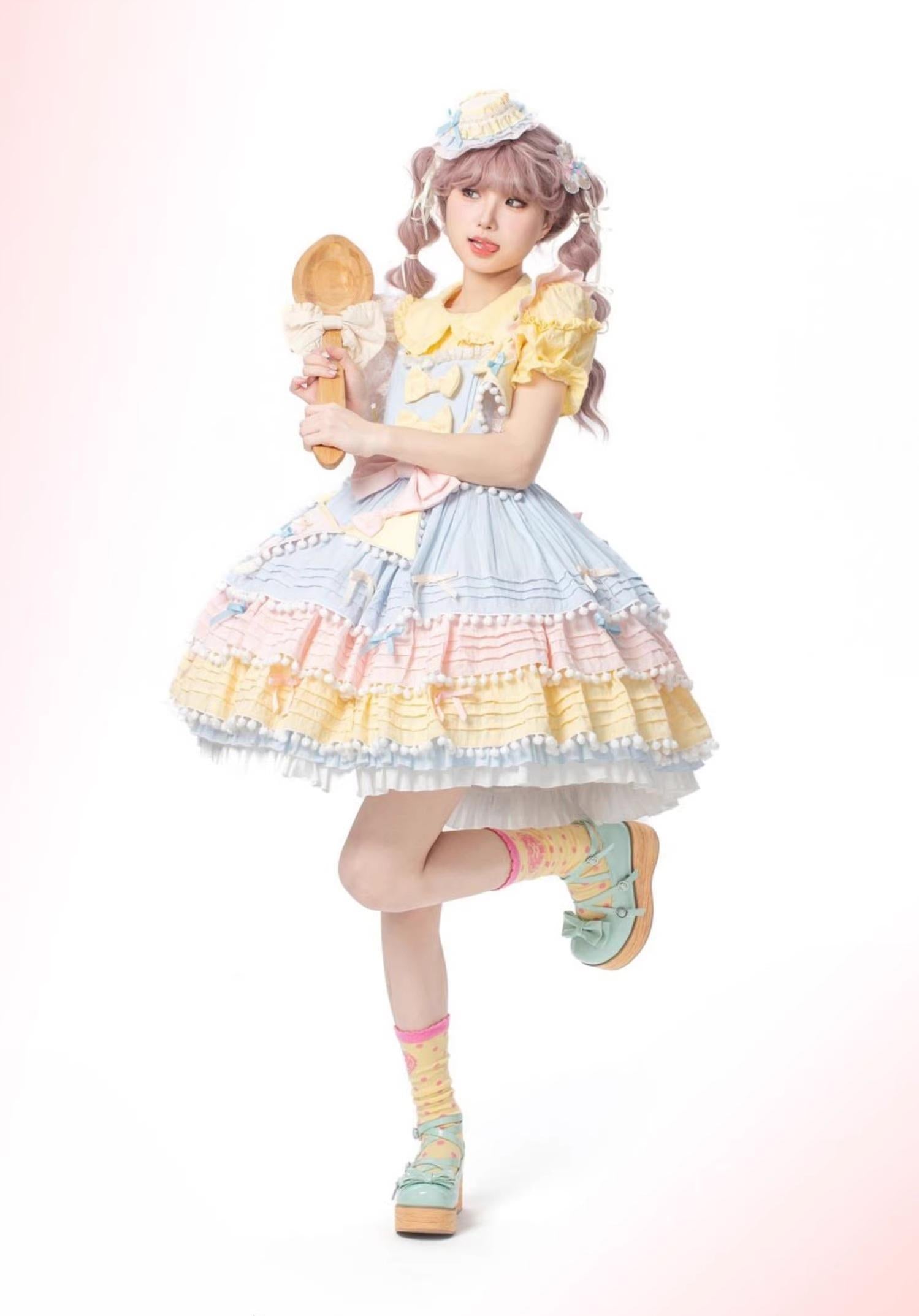 Chubby Cat Diary - Sweetheart Macarons - Sweet Lolita JSK Dress, Pom-pom Accents 44105:796024