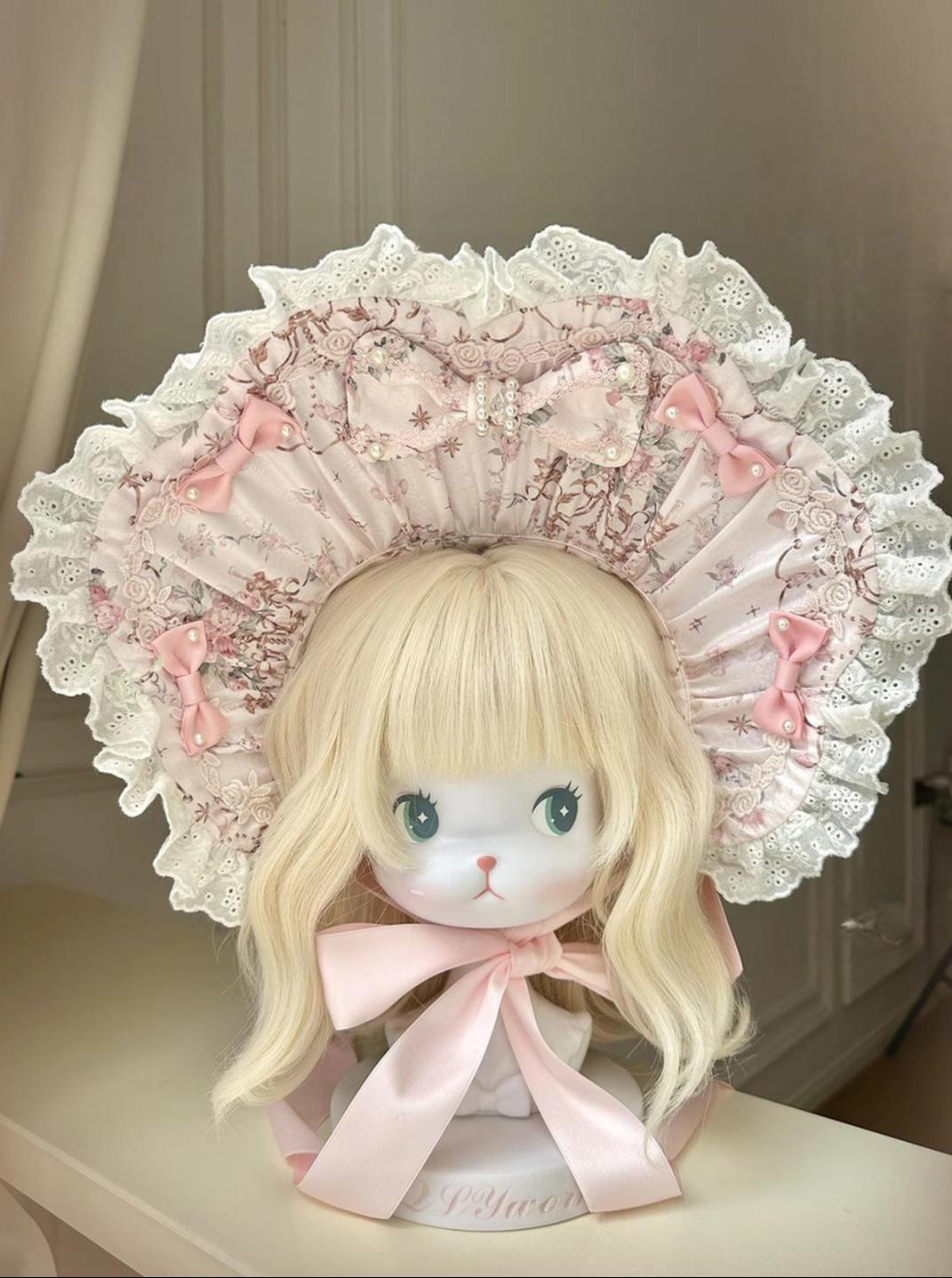 Mengfuzi - Flower in the Mirror - Floral Printed Old School Lolita Accessory Set (Pink) 44315:802636