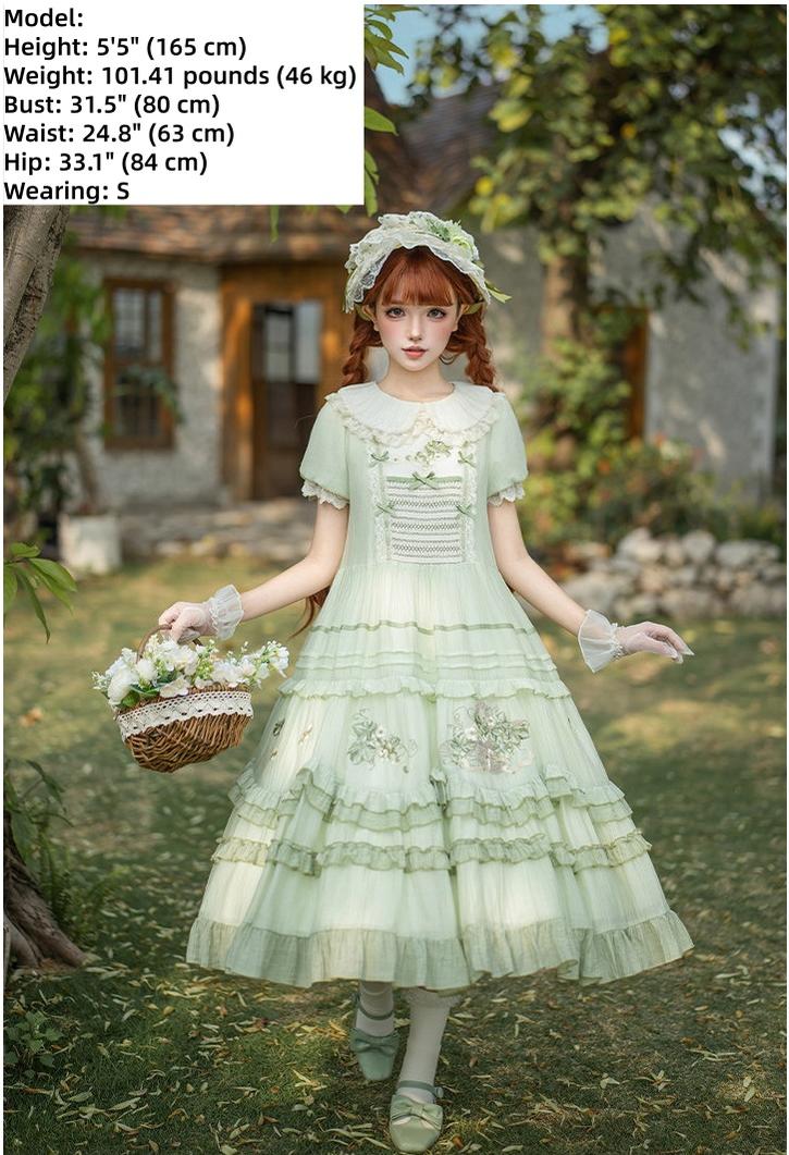 Green Grape - Embroidered Country Lolita OP Dress, Tiered JSK