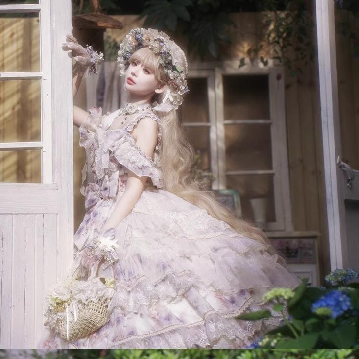 Cat Fairy - Rose Letter - Gorgeous Lolita JSK Princess Dress Chiffon Floral Printed Blue Dress