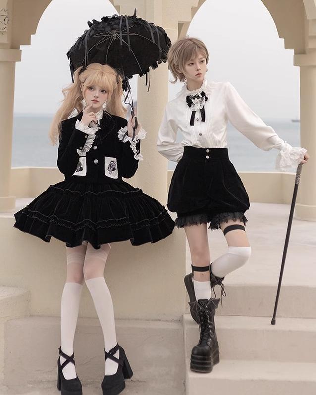 CastleToo - Erosion Heart F-Type - Ouji Lolita Suit Black Velvet Shorts and Skirt Velvet coat only S