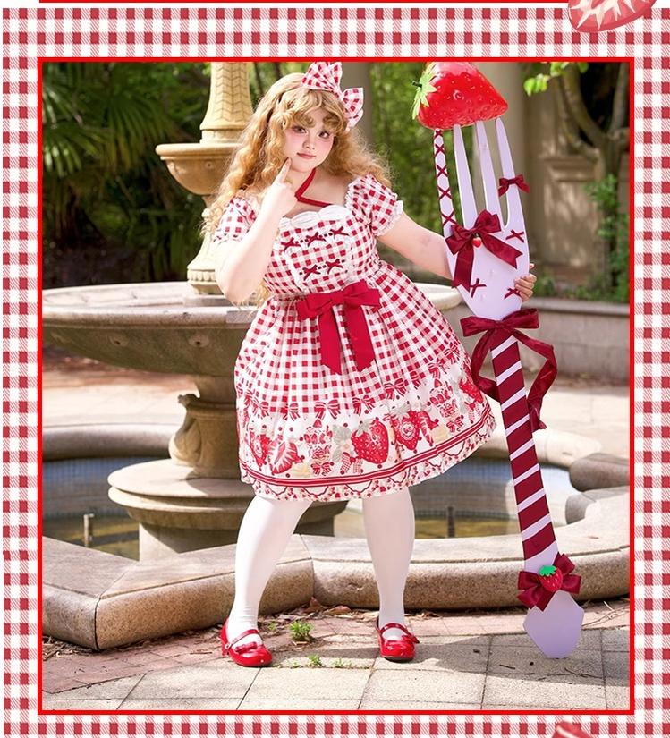 Chubby Cat Diary - Gingham Strawberry - Plus Size Country Lolita OP Dress 43202:771371