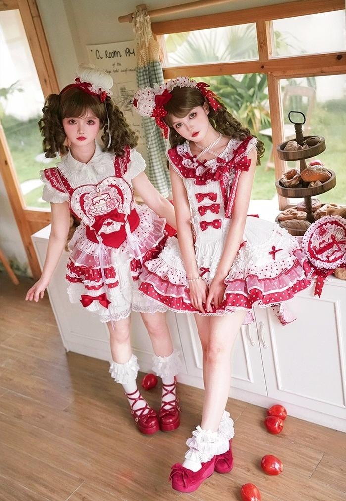 Shuang Sheng Xiao Xiong - Bite The Cake - Sweet Lolita Dress, Red & White Polka Dots