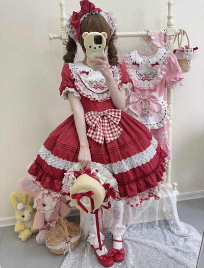 Sugar Girl~Strawberry Tea~Sweet Red Lolita OP Dress Short Sleeve Apron Dress S Red OP 