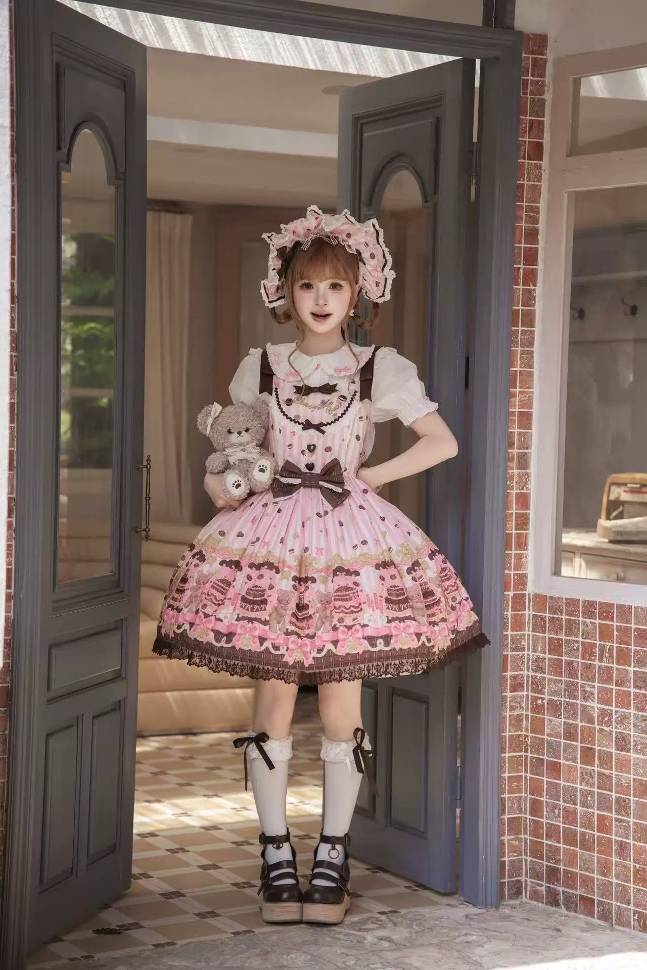 Cake Bear - Sweet Lolita Embroidered Collar Dress, Bear and Cake Print Pink - JSK Only S