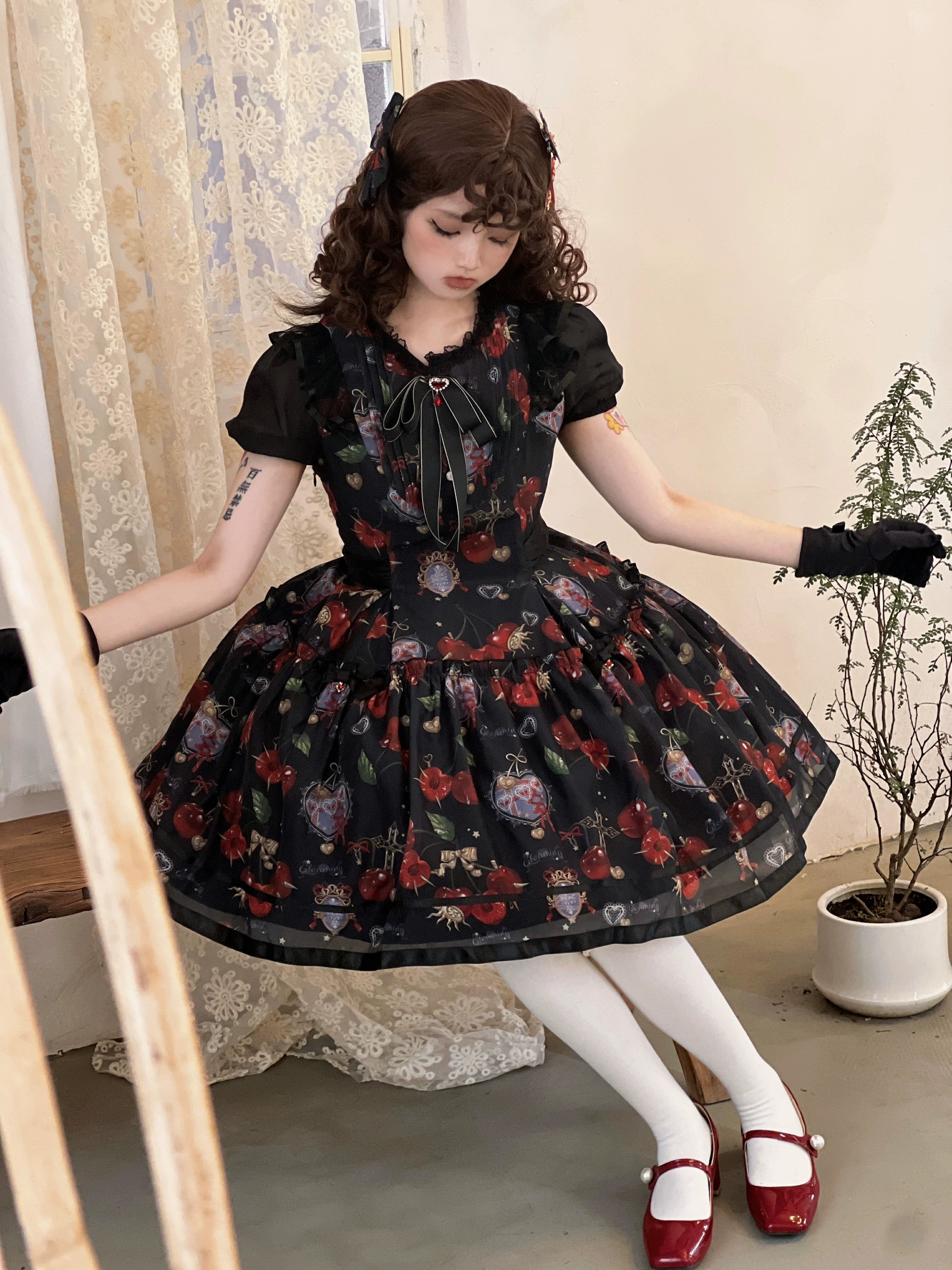 (Buy for me)Gloaming~Sweet Lolita Cherry print Short Sleeve OP and SK Set 28840:322592