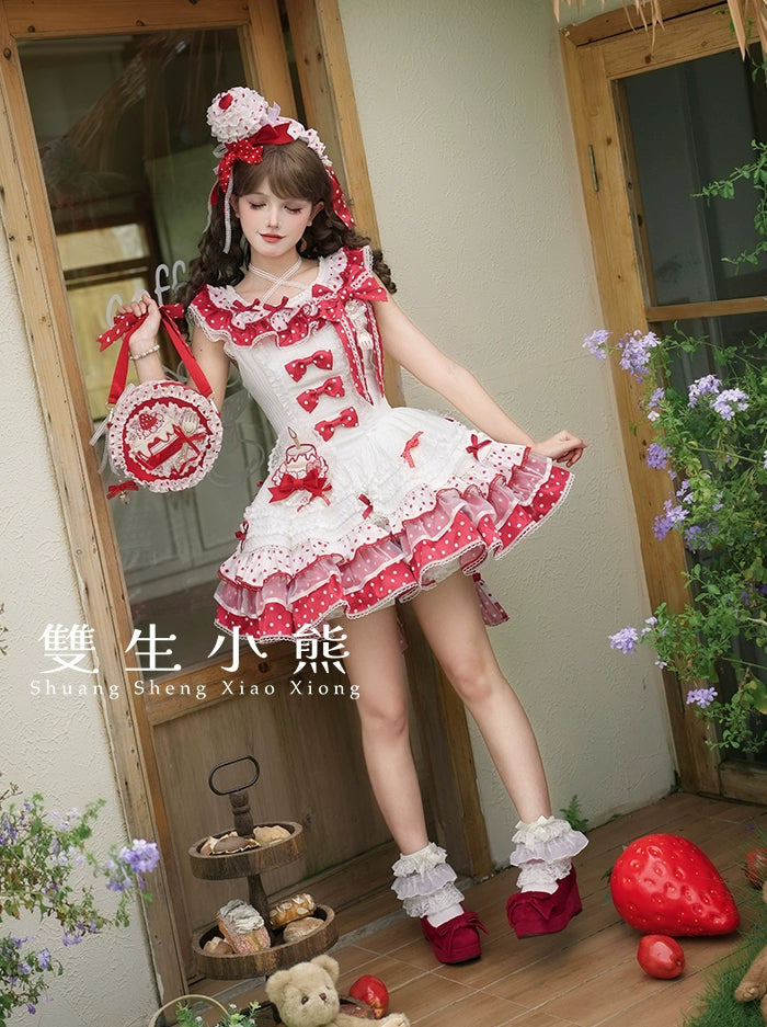 Shuang Sheng Xiao Xiong - Bite The Cake - Sweet Lolita Dress, Red & White Polka Dots 43600:780692